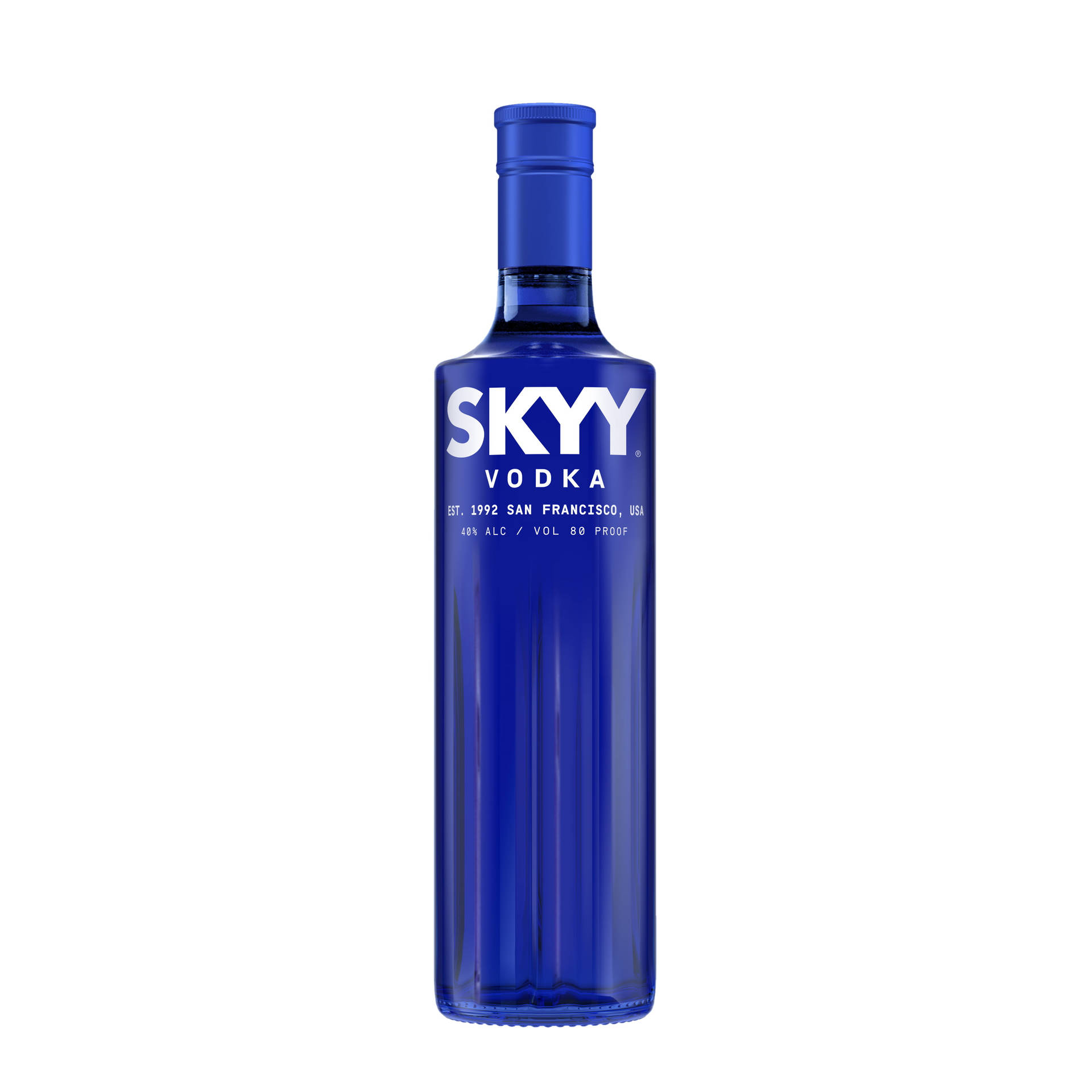 壁紙 — 一個時尚的鈷藍色Skyy伏特加酒瓶，在純白色背景上居中，帶有粗體白色品牌標識。