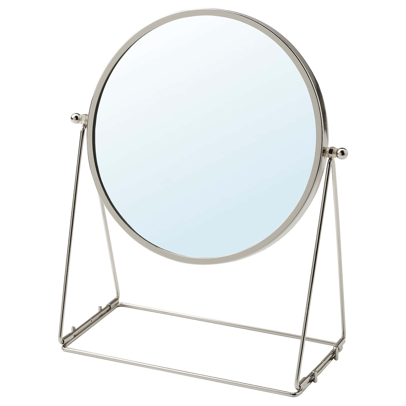 mirror 桌布 壁紙 — 一個時尚的銀框圓鏡，置於極簡風格的支架上，背景為純白色。