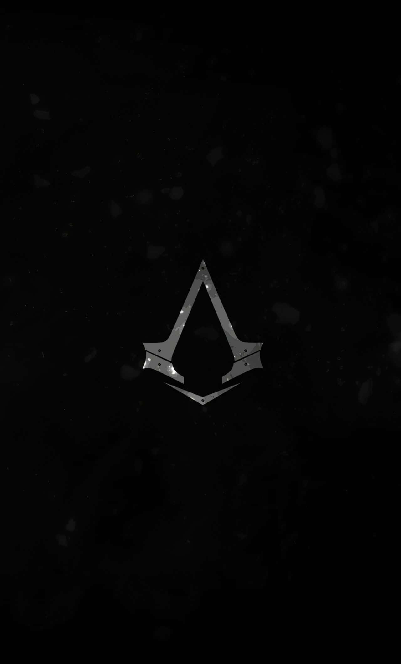 安卓 桌布 壁紙 — 一個時尚的銀色 Assassin's Creed 標誌在帶有浮動粒子的紋理黑色背景上微妙地發光。