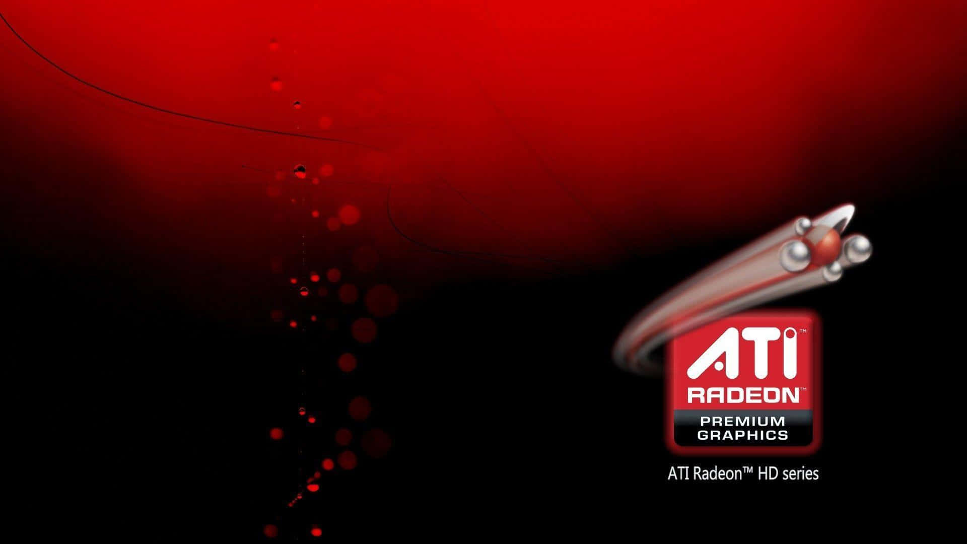 AMD 桌布 壁紙 — 一個時尚的銀色 ATI Radeon 顯示卡標誌在漸變紅色和黑色背景上發光，並帶有漂浮的紅色粒子。
