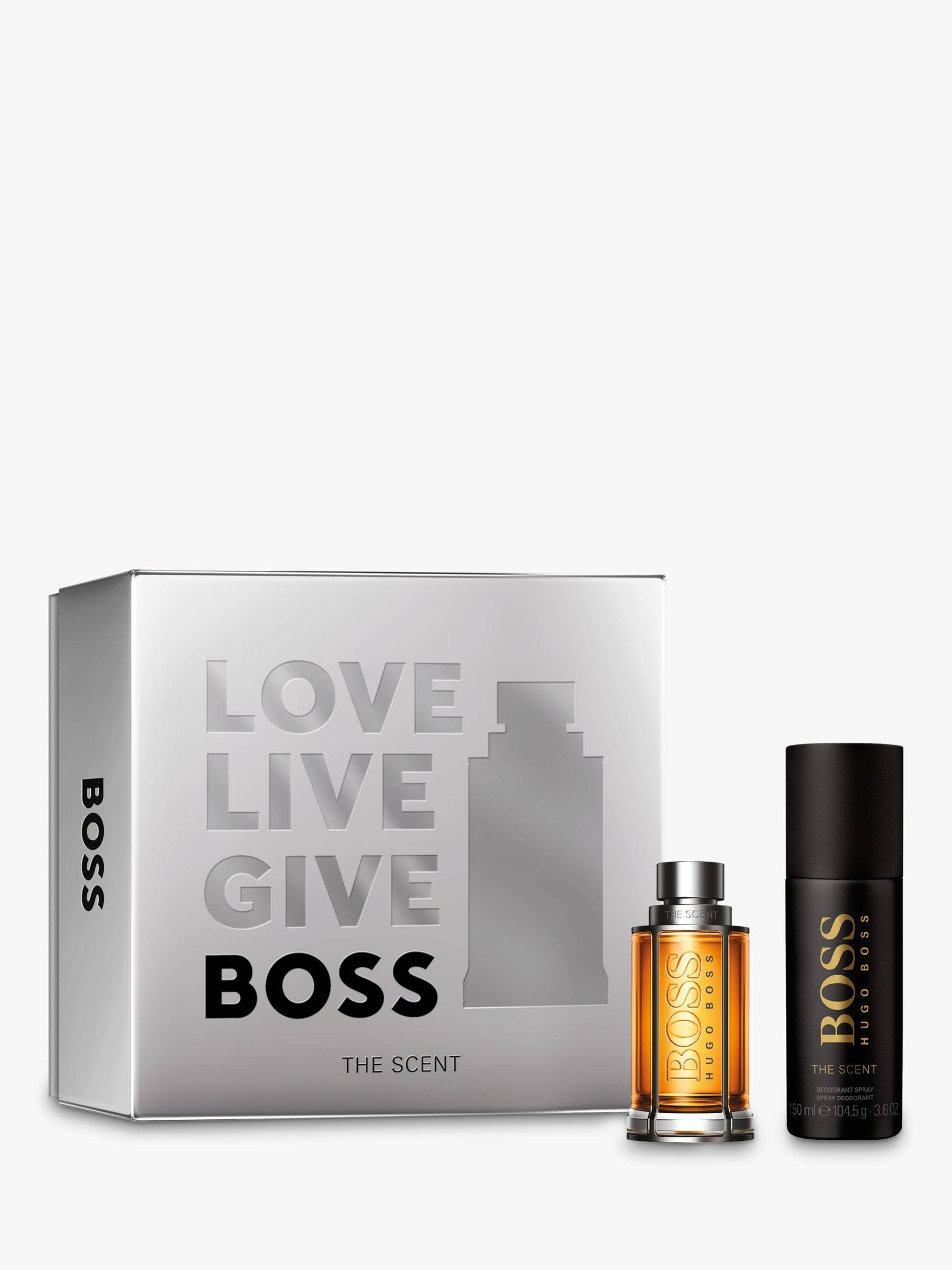 品牌 桌布 壁紙 — 一個時尚的銀色 Hugo Boss 禮品套裝，包含一個金色香水瓶和黑色止汗噴霧，背景為乾淨的白色。