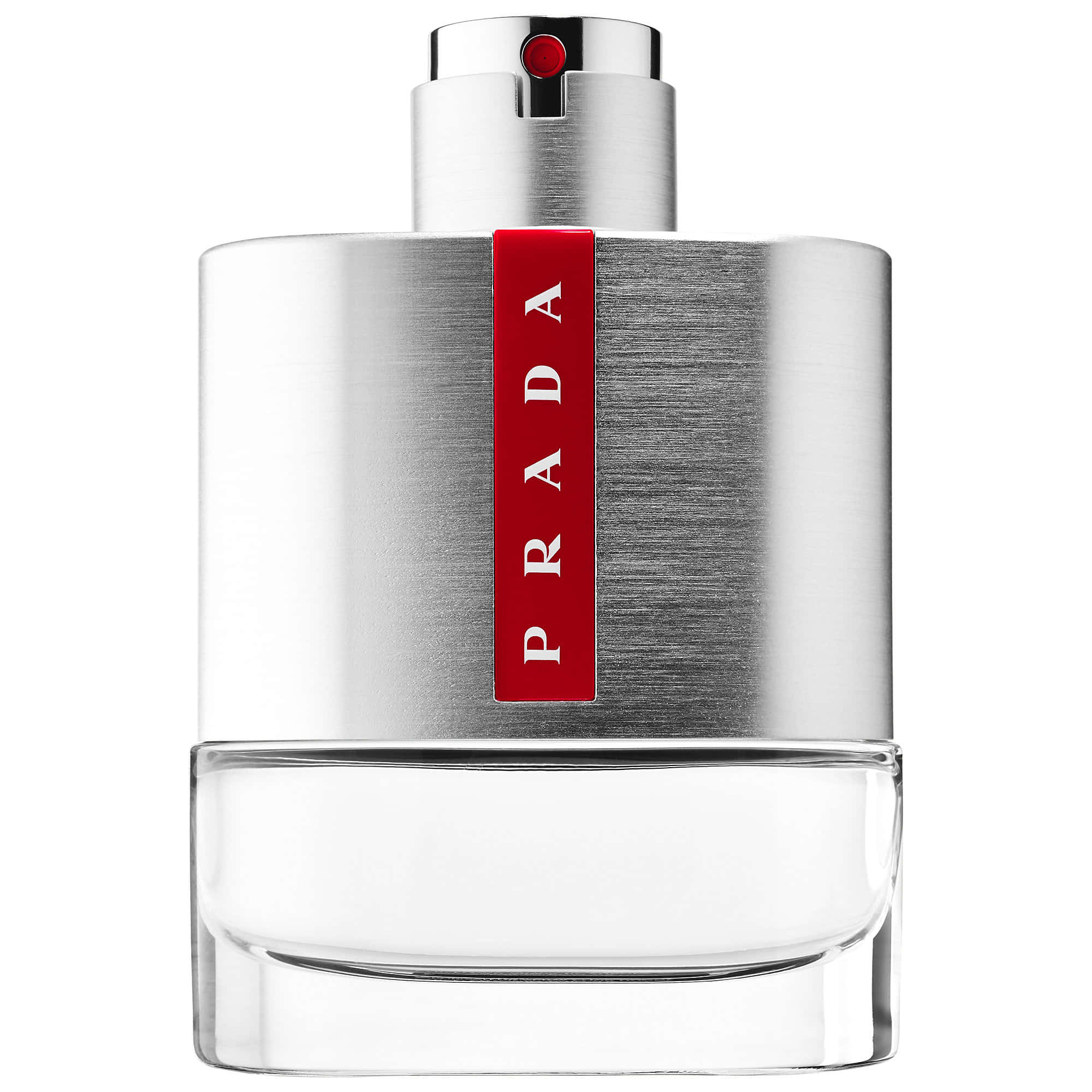 Prada 桌布 壁紙 — 一個時尚的銀色 Prada 香水瓶，帶有紅色標籤和鉻合金蓋子，立在白色背景前。
