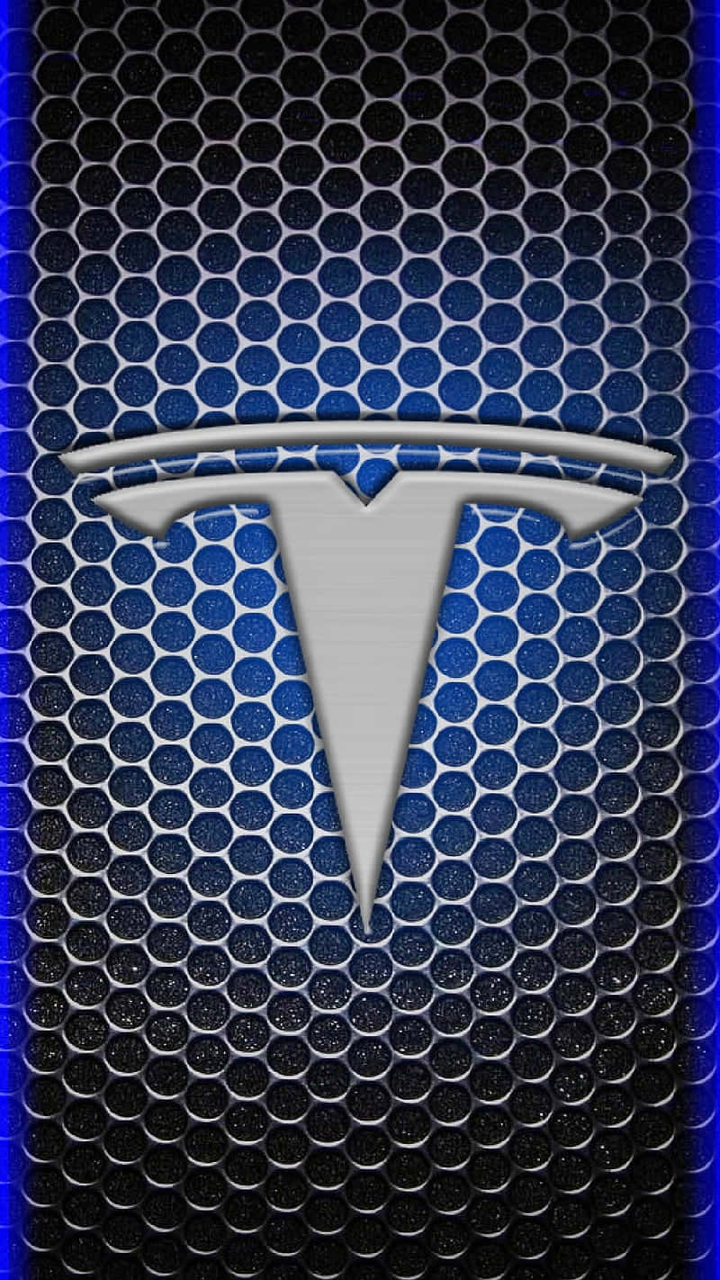 桌布 壁紙 — 一個時尚的銀色 Tesla 標誌，位於藍色漸變六角網格背景中央，帶有發光的藍色邊框。