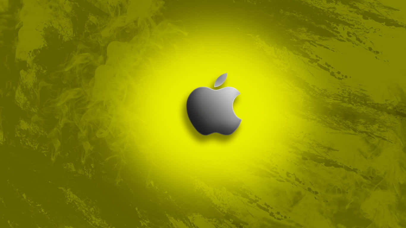 1366x768 Apple 桌布 壁紙 — 一個時尚的銀色Apple標誌，居中於充滿活力的黃綠色紋理背景上，帶有徑向光暈。
