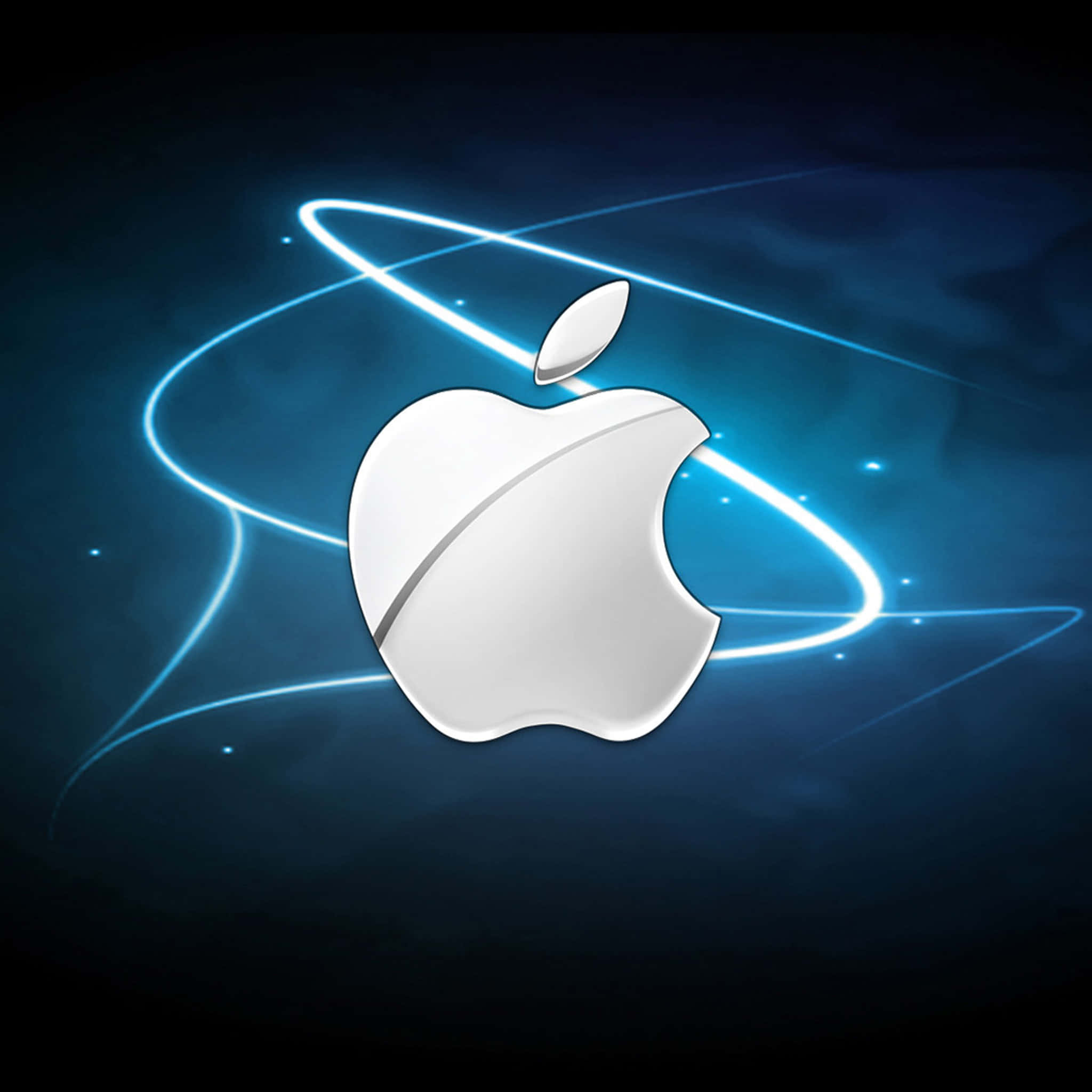 iPad 2 桌布 壁紙 — 一個時尚的銀色Apple標誌在深藍色宇宙背景上發光，帶有發光的軌道線和星狀粒子。