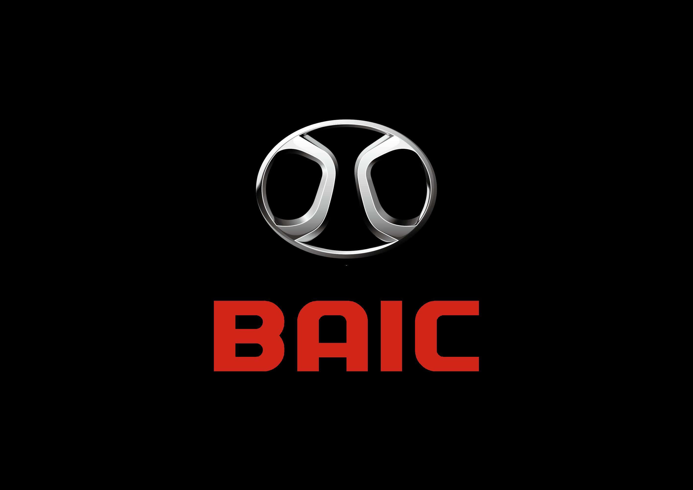 Baic Group 桌布 壁紙 — 一個時尚的銀色BAIC標誌，中央帶有粗體紅色字樣，置於純黑色背景上。