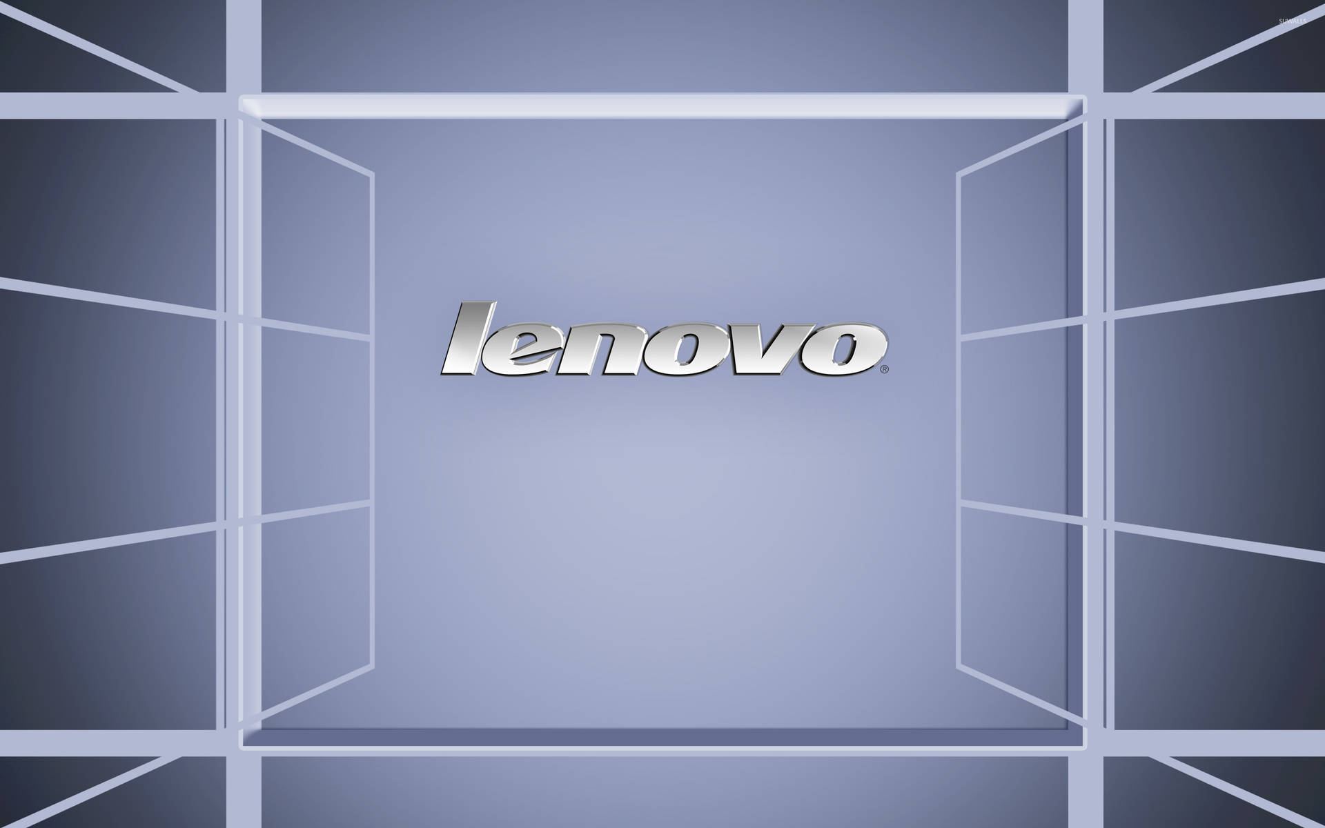 時尚的銀色Lenovo標誌，置於幾何框架內，背景為藍色漸變。 — 聯想高畫質桌布 壁紙