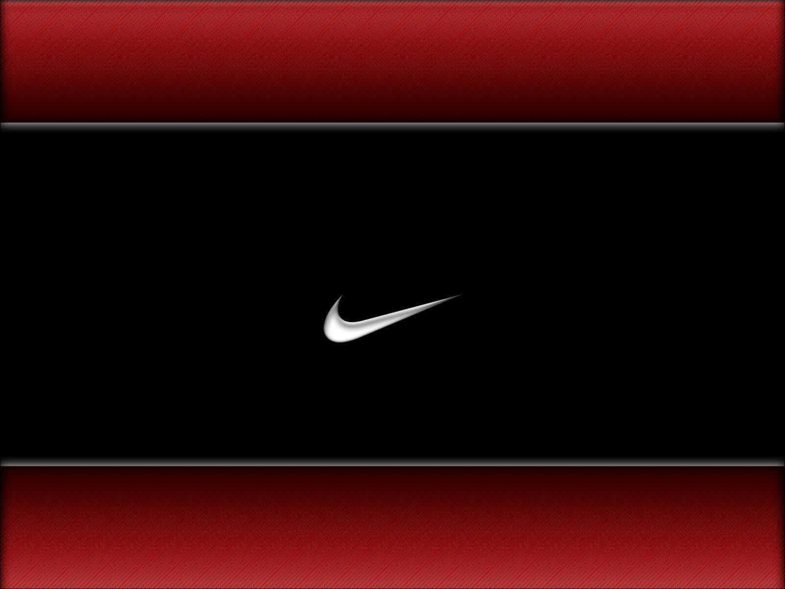 Red Nike 桌布 壁紙 — 一個時尚的銀色Nike勾號居中於黑色背景上，並由帶紋理的紅色條帶框住。