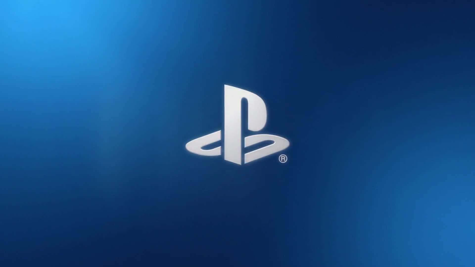 PlayStation 桌布 壁紙 — 一個時尚的銀色PlayStation標誌，居中於漸變藍色背景上，帶有柔和燈光。