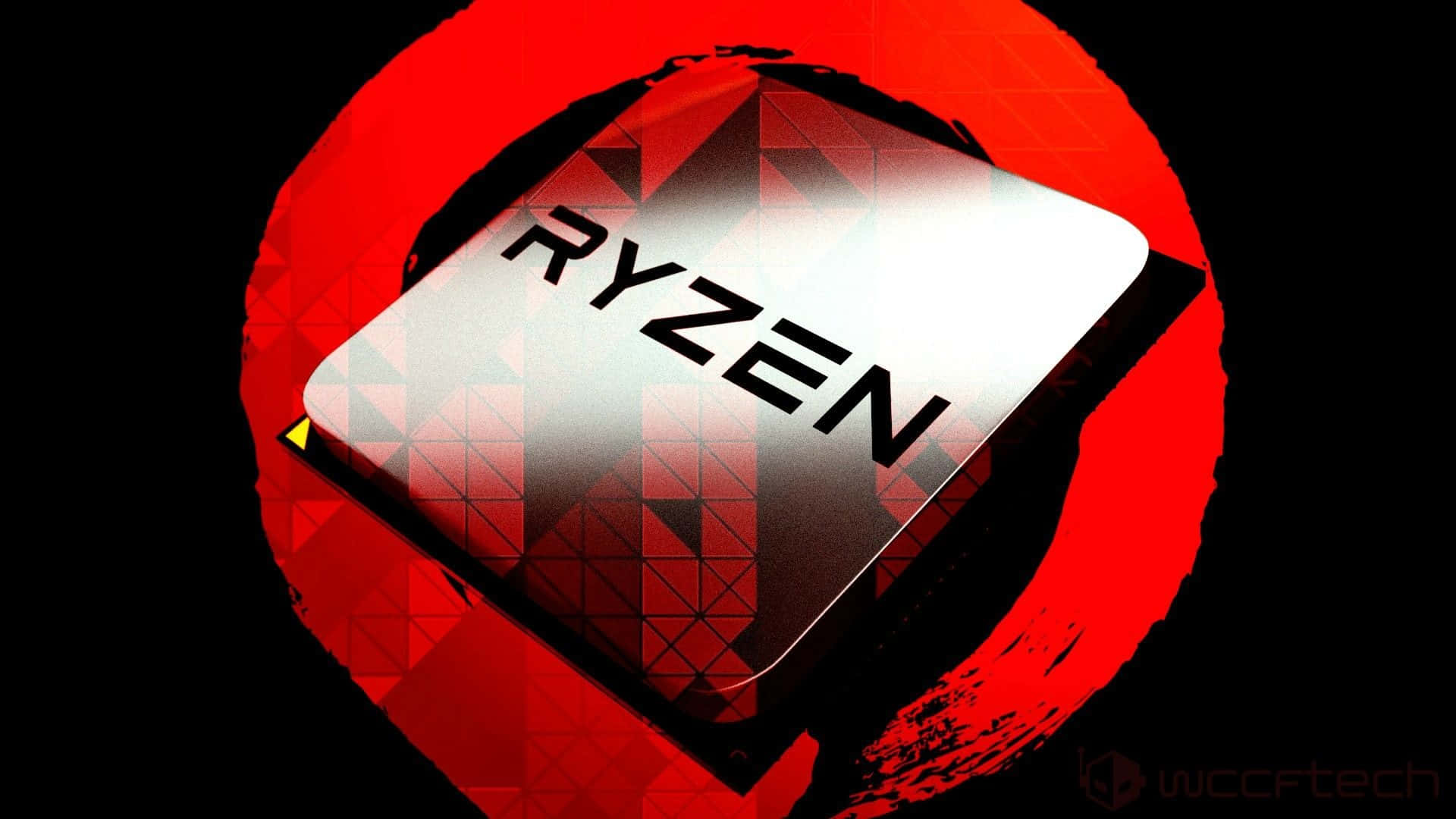 Radeon 桌布 壁紙 — 一個時尚的銀色Ryzen CPU晶片，置於黑色背景上大膽的紅色幾何圓形中央。
