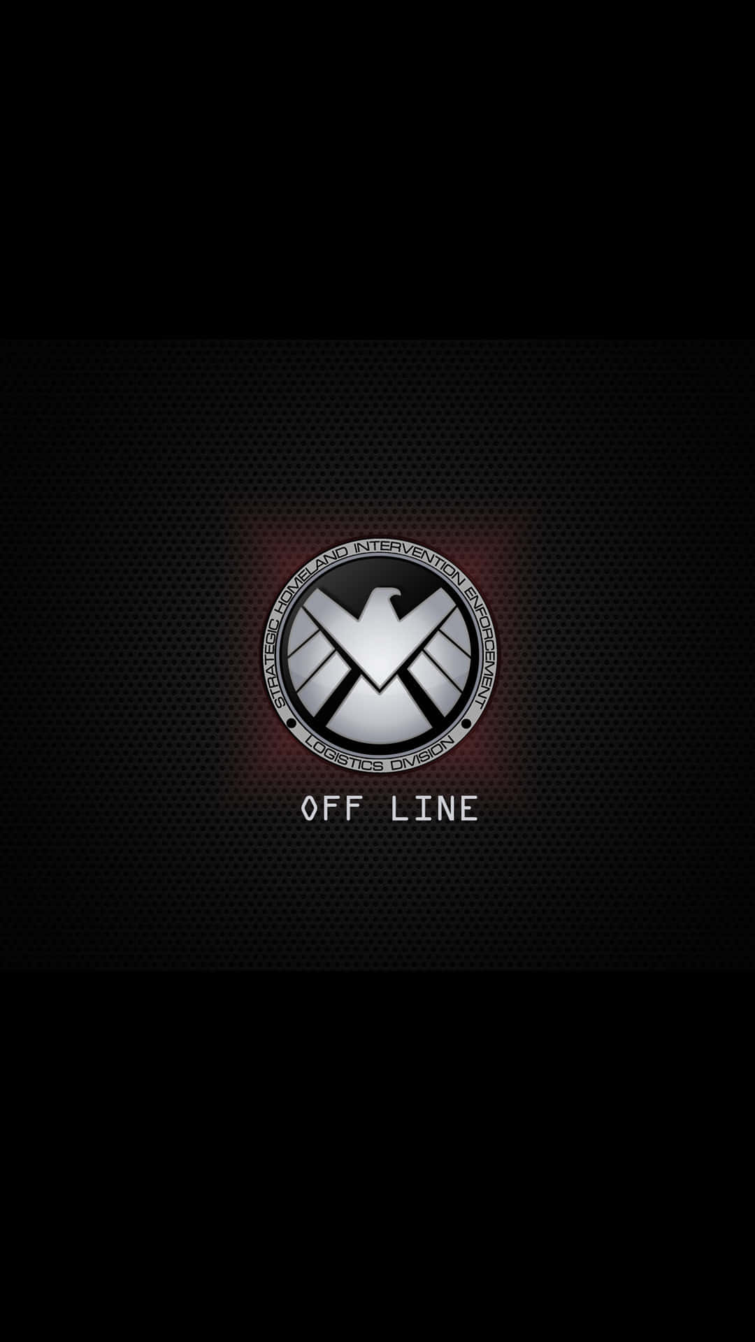 Marvel Falcon Logo 桌布 壁紙 — 一個時尚的銀色S.H.I.E.L.D.標誌在黑色穿孔背景上發出紅光，下方有「OFF LINE」文字。