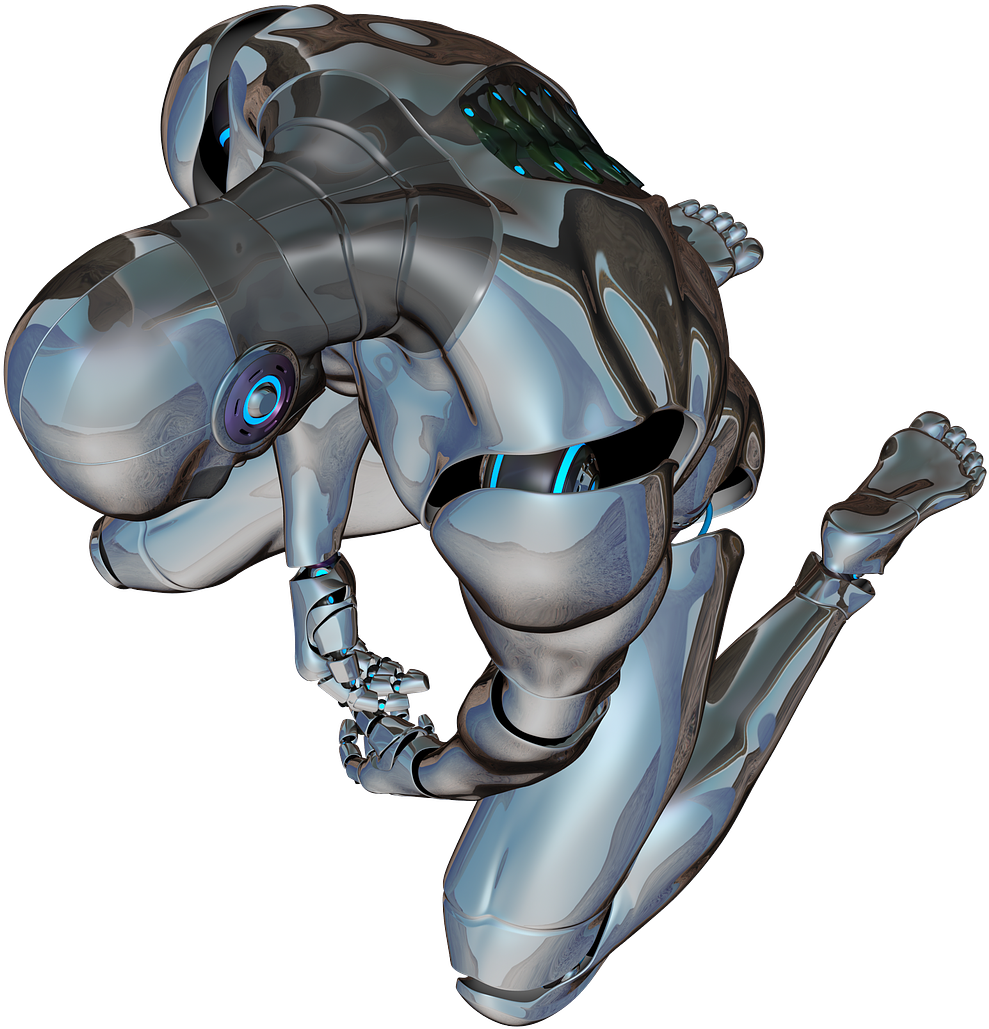 Robotics 桌布 壁紙 — 一個時尚的銀色人形機器人，以動態蹲姿呈現，帶有發光藍色點綴，背景為黑色。