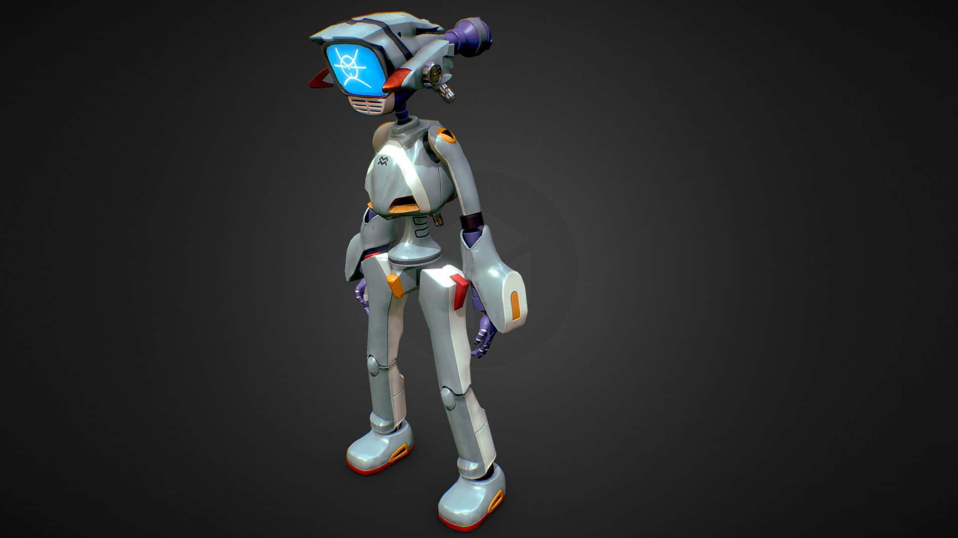 Flcl Canti 桌布 壁紙 — 一個時尚的銀色人形機器人，帶有發光的藍色面罩和紫色點綴，站在深色漸變背景前。