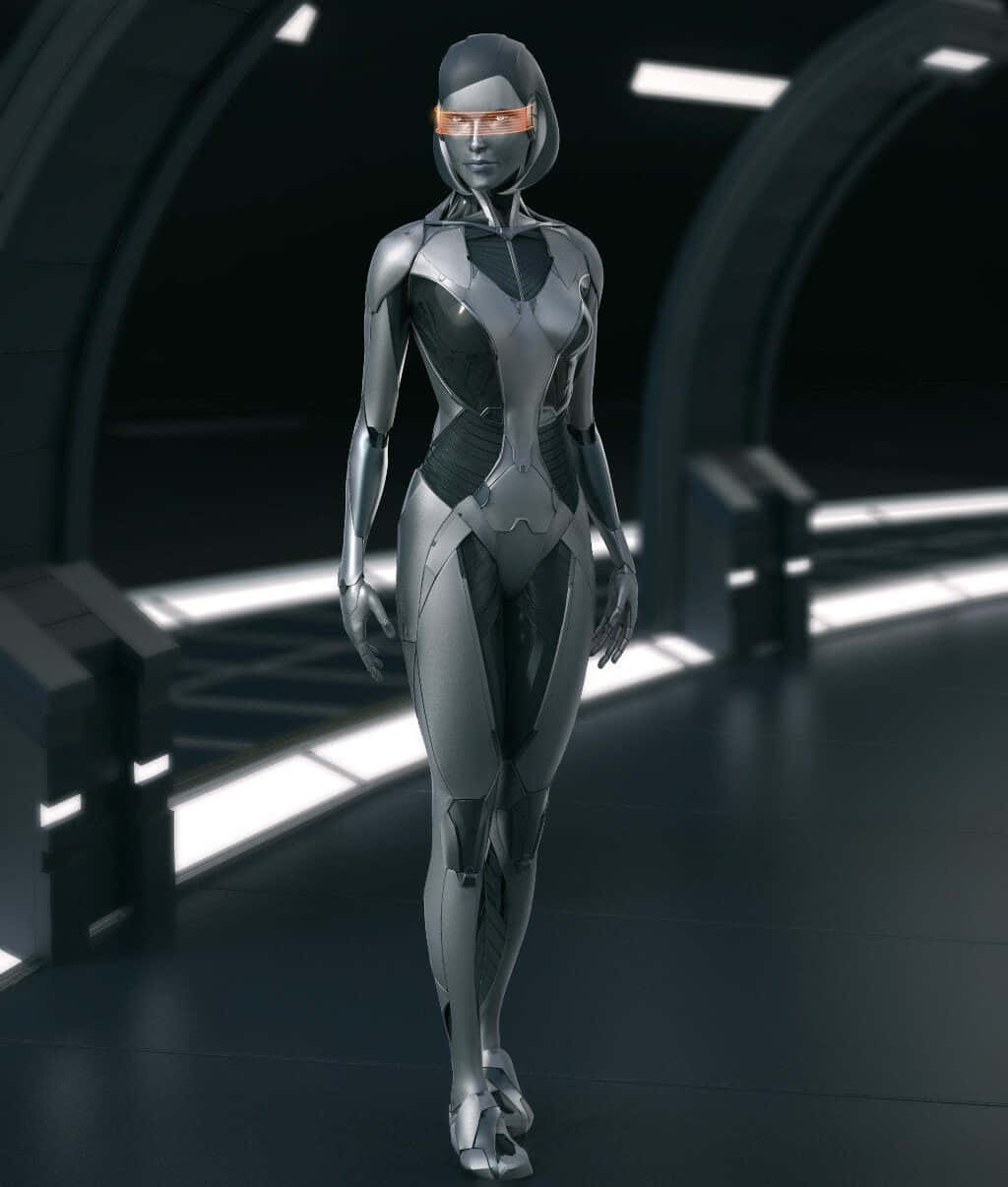 Mass Effect Edi 桌布 壁紙 — 一個時尚的銀色人形機器人，帶有發光的橙色護目鏡，走過一條由明亮白色霓虹燈條照亮的未來主義黑暗走廊。