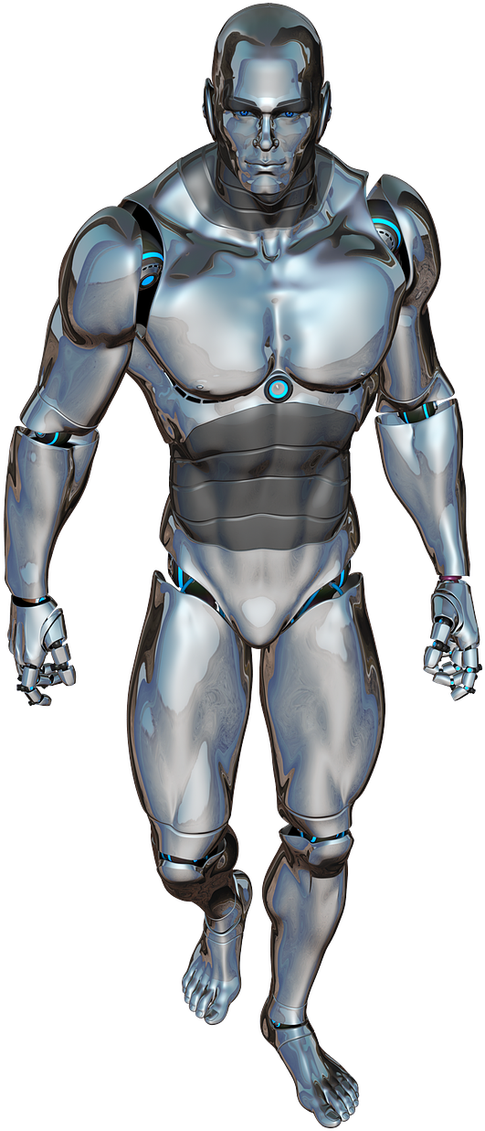 Robotics 桌布 壁紙 — 一個時尚的銀色人形機器人，帶有發光的藍色點綴，在黑色背景前擺好姿勢。