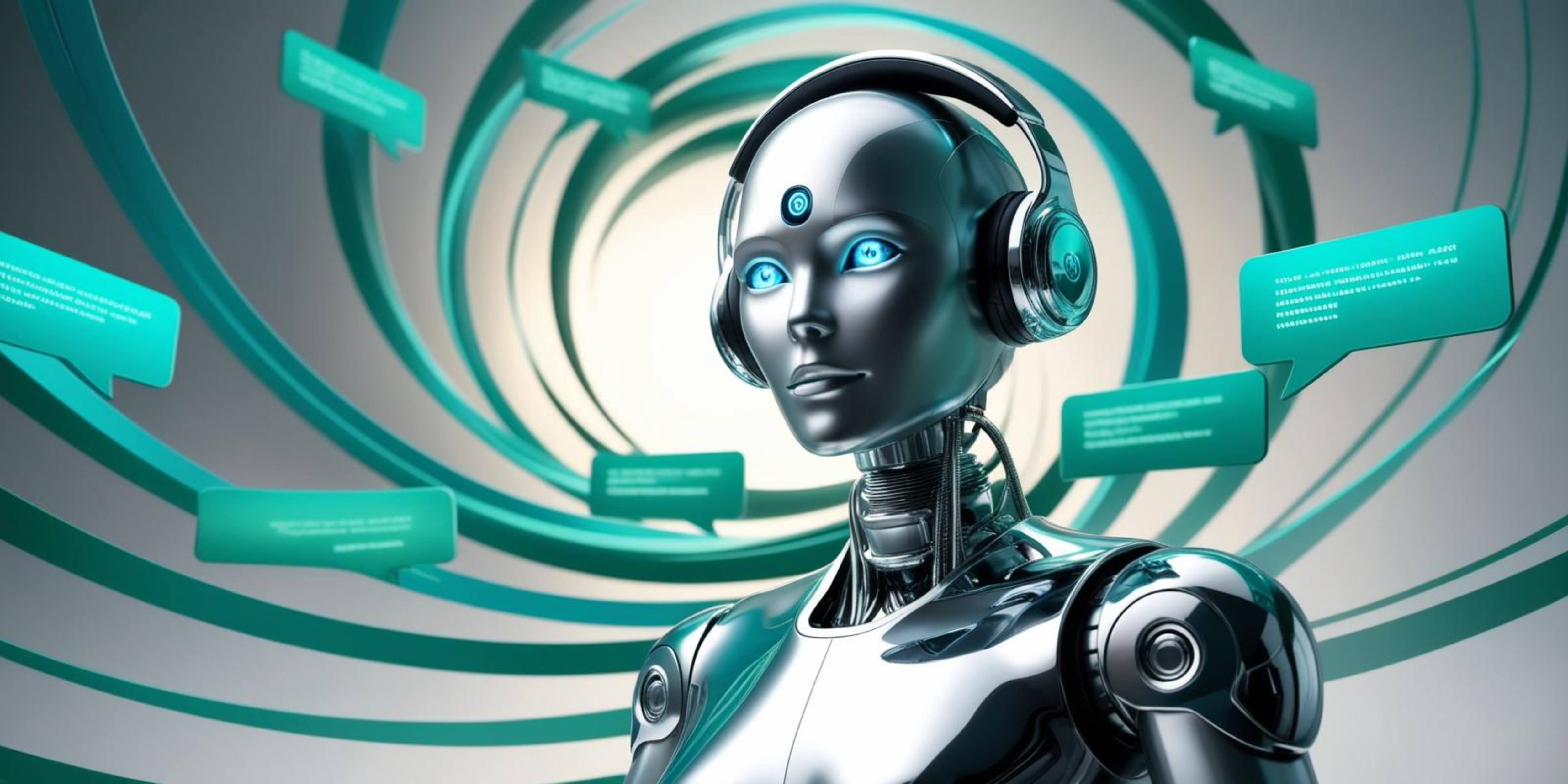 AI 桌布 壁紙 — 一個時尚的銀色人形機器人，擁有發光的藍色眼睛和耳機，站在旋轉的藍綠色對話氣泡和同心圓環中。