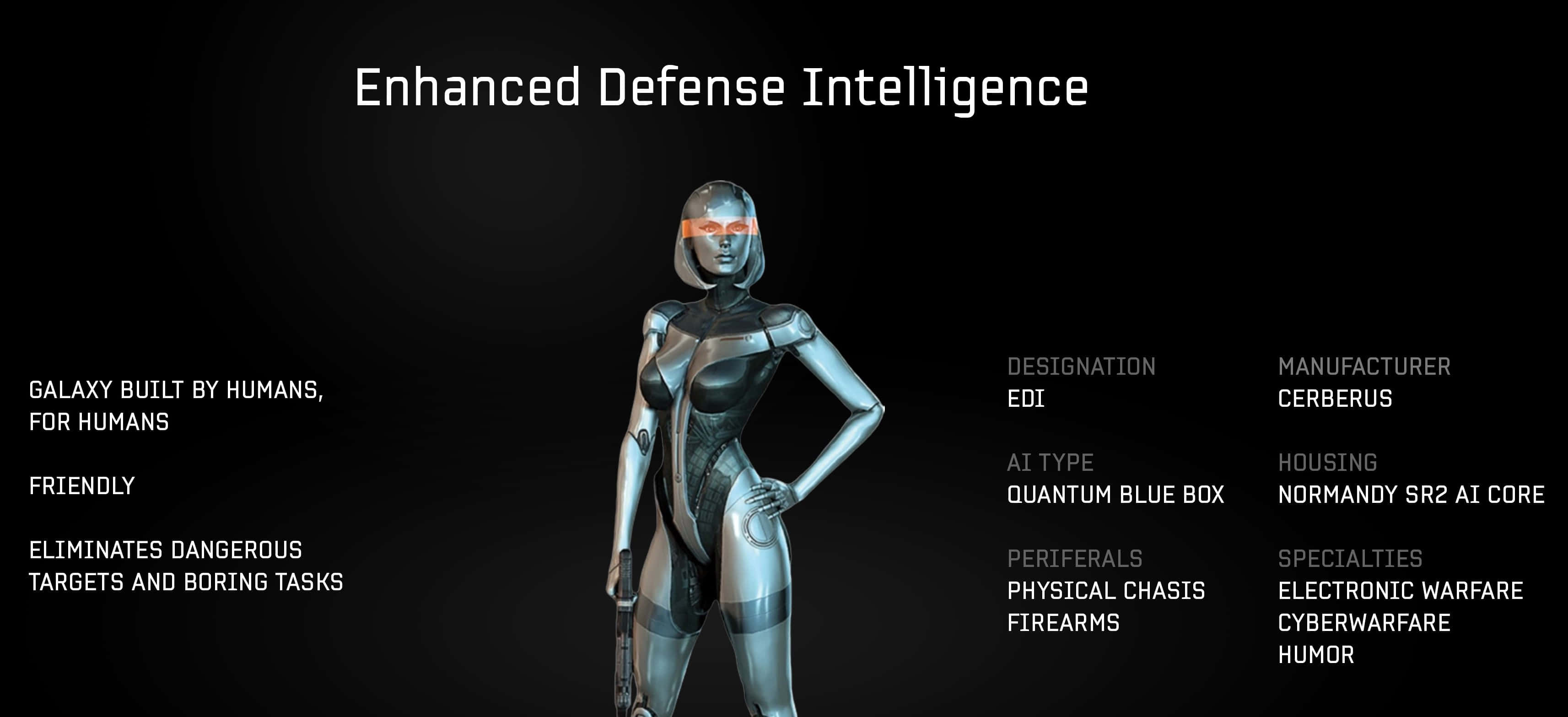 Mass Effect Edi 桌布 壁紙 — 一個時尚的銀色人形機器人，擁有發光的橙色眼睛，自信地站在黑色背景前，背景上有技術規格文字。