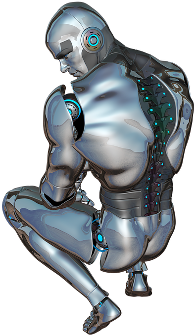 Robotics 桌布 壁紙 — 一個時尚的銀色人形機器人以沉思的姿勢蹲下，沿其脊柱可見發光的藍色電路。