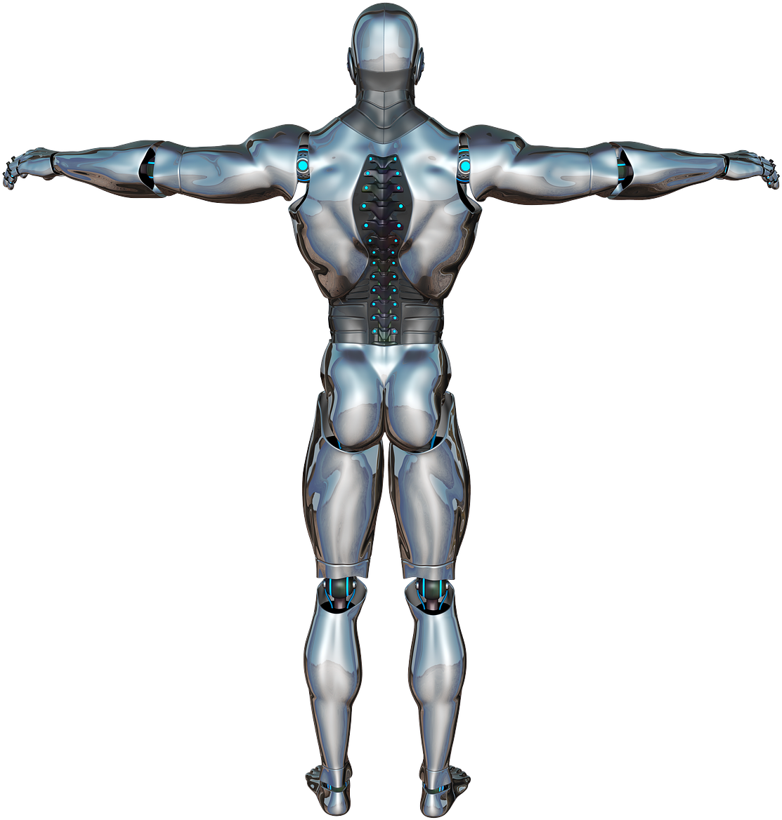 Robotics 桌布 壁紙 — 一個時尚的銀色人形機器人站在黑色背景前，雙臂張開，藍色發光關節突出其機械形態。