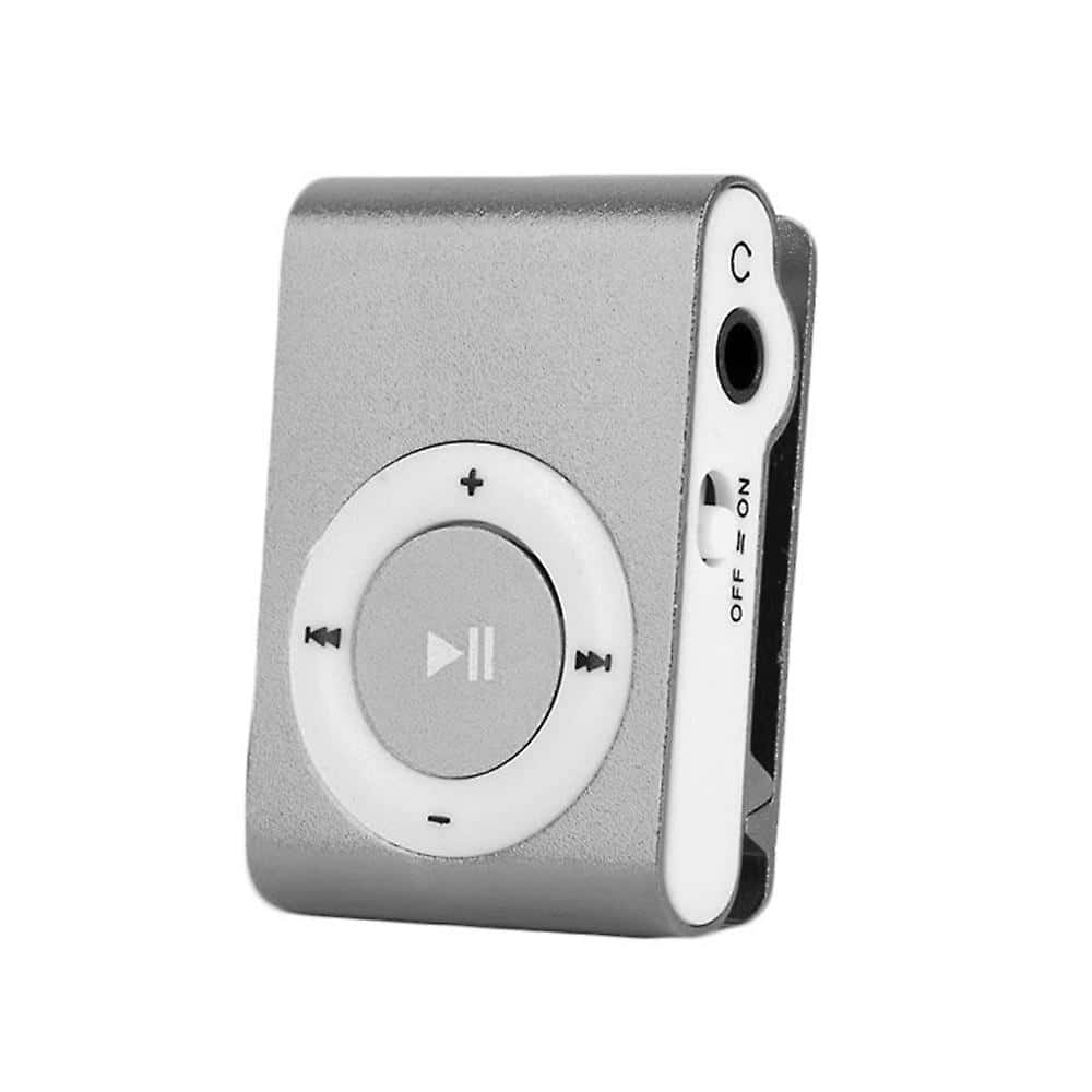 Music Player 桌布 壁紙 — 一個時尚的銀色便攜式音樂播放器，帶有圓形控制面板和夾式設計，背景為白色。