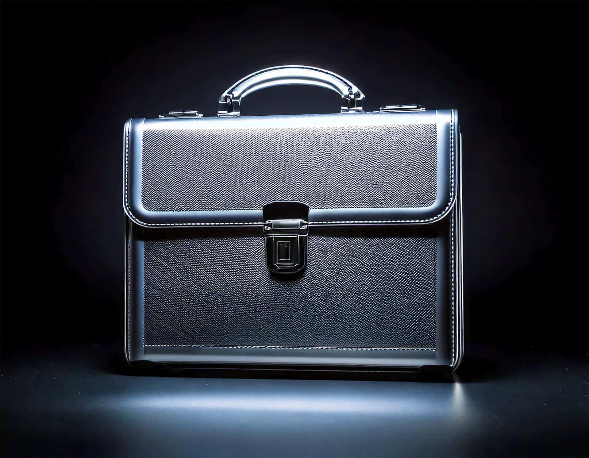 Briefcase 壁紙 — 一個時尚的銀色公文包，帶有紋理皮革和鉻合金硬件，在黑色背景下的戲劇性工作室燈光下閃耀。