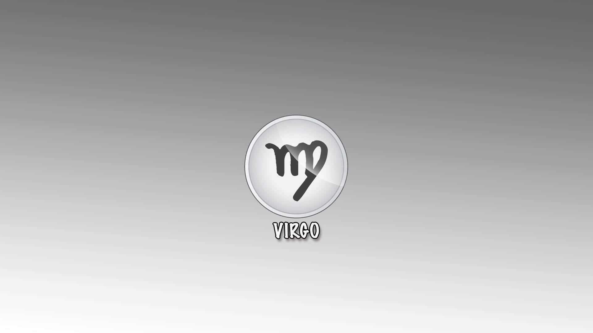 Virgo 桌布 壁紙 — 一個時尚的銀色圓形徽章，中央有處女座星座符號和文字，背景為漸變灰色。
