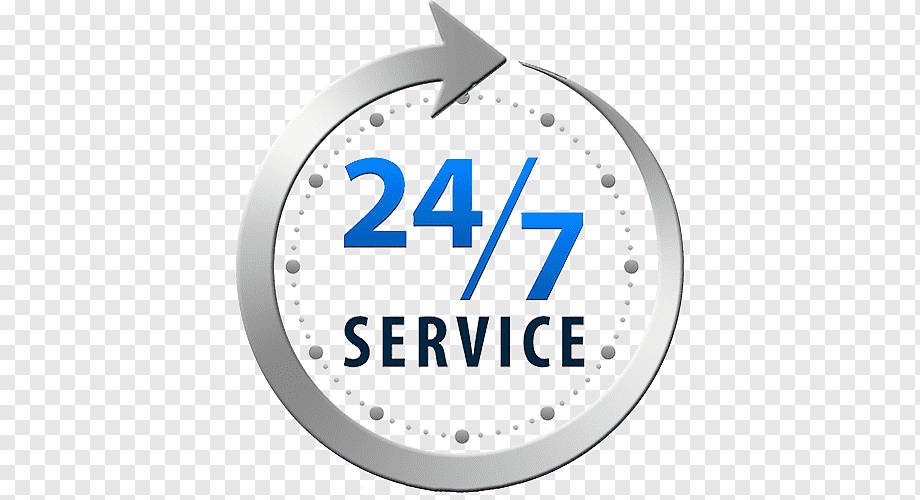 Clock 桌布 壁紙 — 一個時尚的銀色圓形時鐘圖示，帶有粗箭頭和藍色 24 7 服務文字，背景透明。