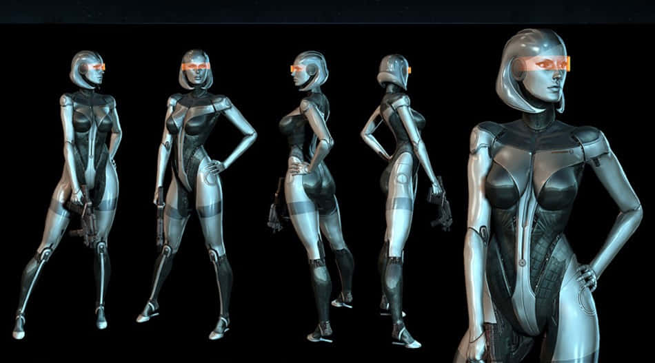 Mass Effect Edi 桌布 壁紙 — 一個時尚的銀色女性機器人，帶有發光的橙色面罩，在黑色背景上以多種姿勢展示。