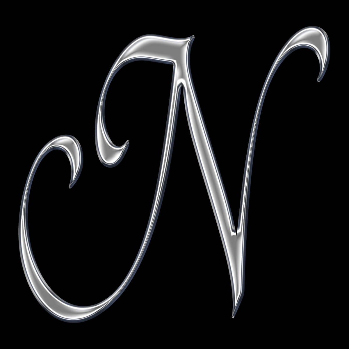 字母 N 桌布 壁紙 — 一個時尚的銀色字母N，帶有光澤曲線和高光，在純黑色背景上脫穎而出。
