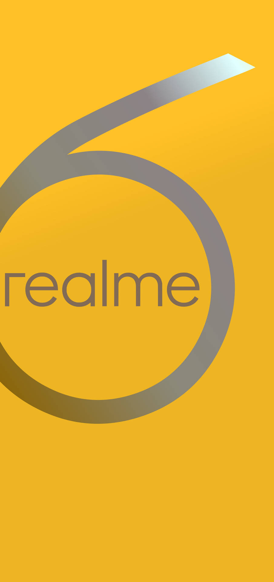  壁紙 — 一個時尚的銀色數字六標誌，中央帶有 'realme' 文字，背景為鮮豔的黃色漸變。