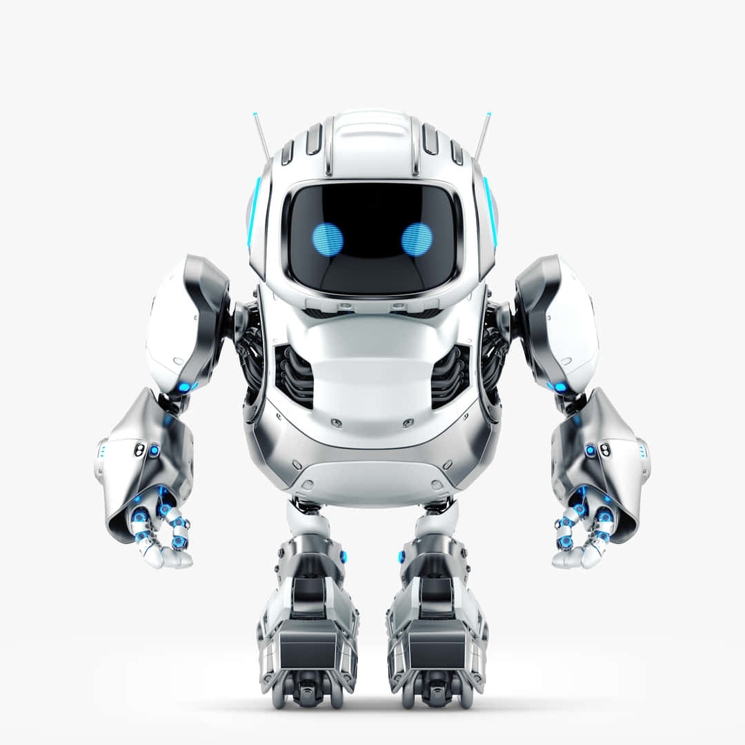 Kawaii Robot 桌布 壁紙 — 一個時尚的銀色機器人，帶有發光的藍色眼睛和天線，站在純白色背景前。
