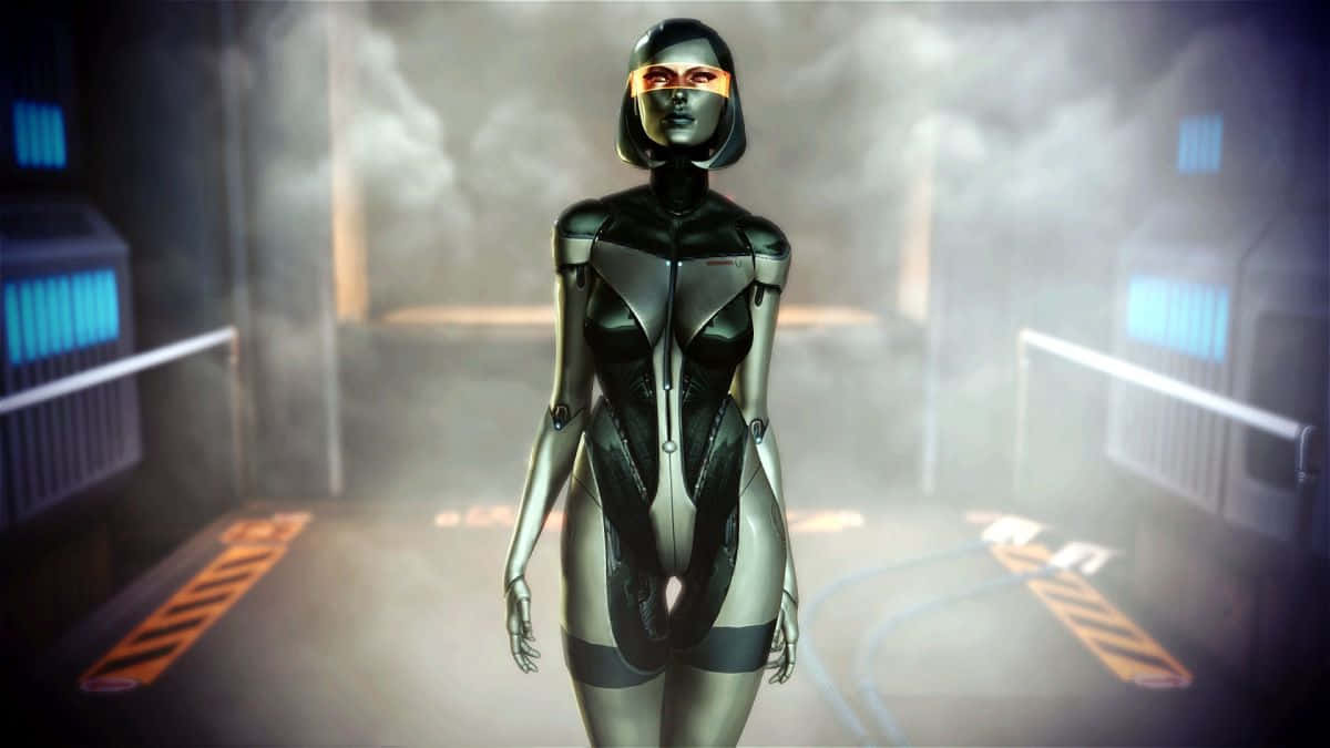Mass Effect Edi 桌布 壁紙 — 一個時尚的銀色機器人，帶有發光的橙色眼睛，站在一個煙霧瀰漫的未來主義走廊中，走廊有藍色發光面板和橙色地板標記。