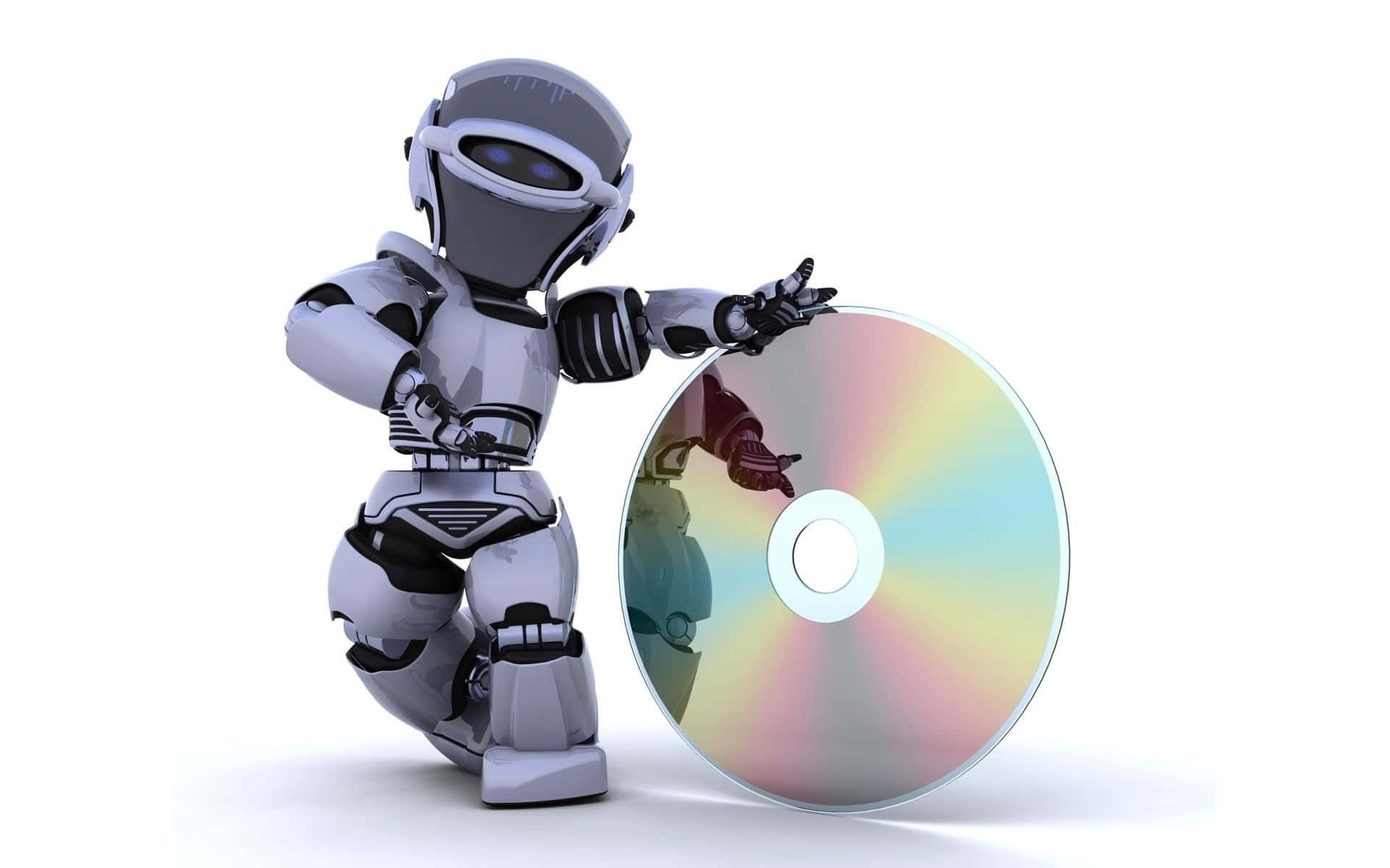Kawaii Robot 桌布 壁紙 — 一個時尚的銀色機器人跪在一個反射彩虹色調的CD旁邊，背景是純白色。