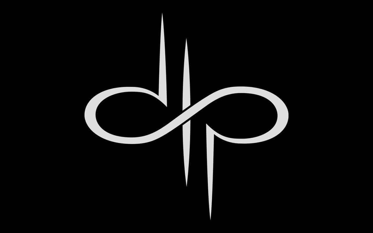 infinity 桌布 壁紙 — 一個時尚的銀色無限符號，帶有三個垂直尖刺，置於純黑色背景上。