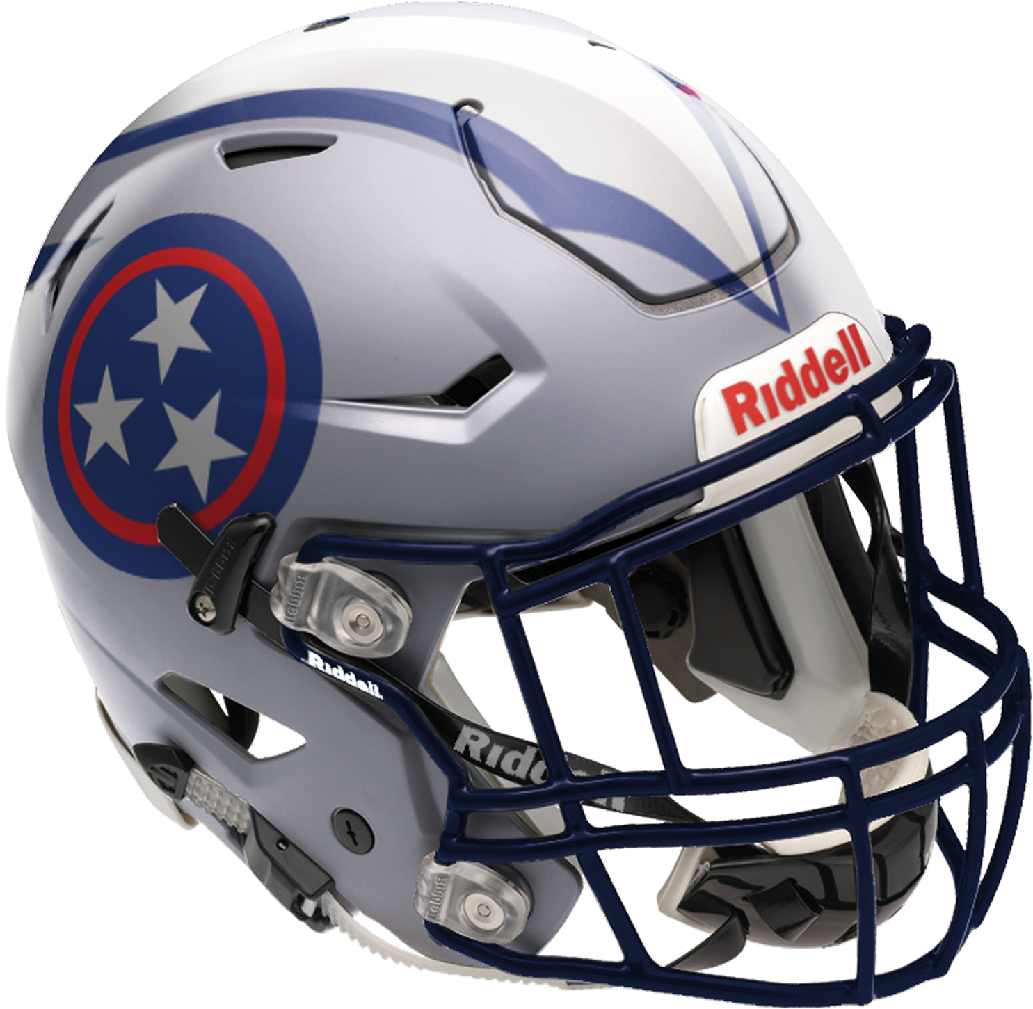 Tennessee Titans 桌布 壁紙 — 一個時尚的銀色美式足球頭盔，帶有田納西州州旗星星和藍色點綴，背景為黑色。