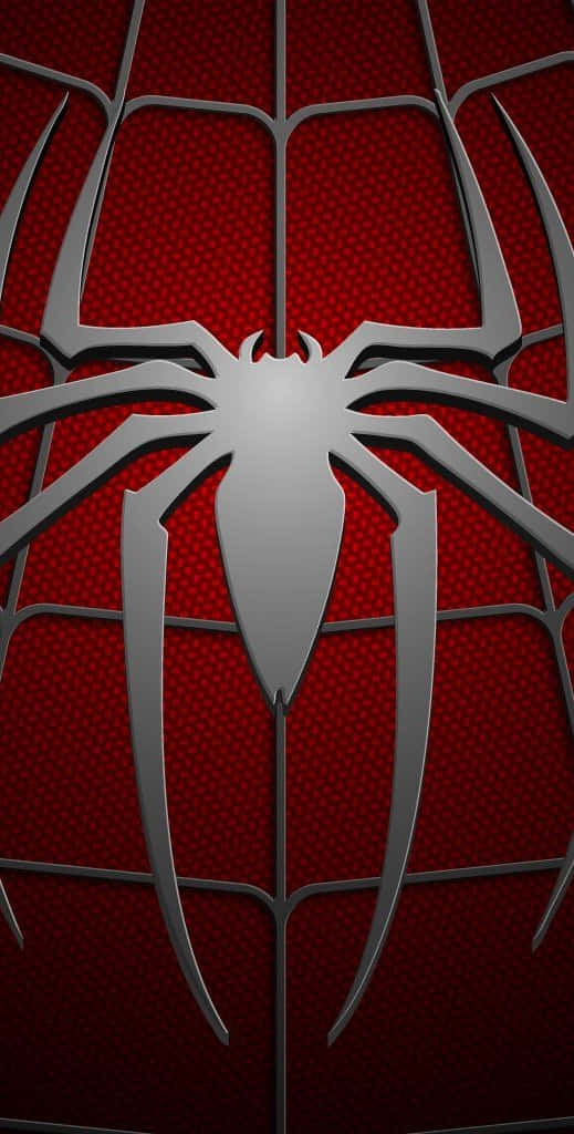 Spider Man Phone 桌布 壁紙 — 一個時尚的銀色蜘蛛標誌，位於帶有蜘蛛網線條的紋理紅色背景中央。