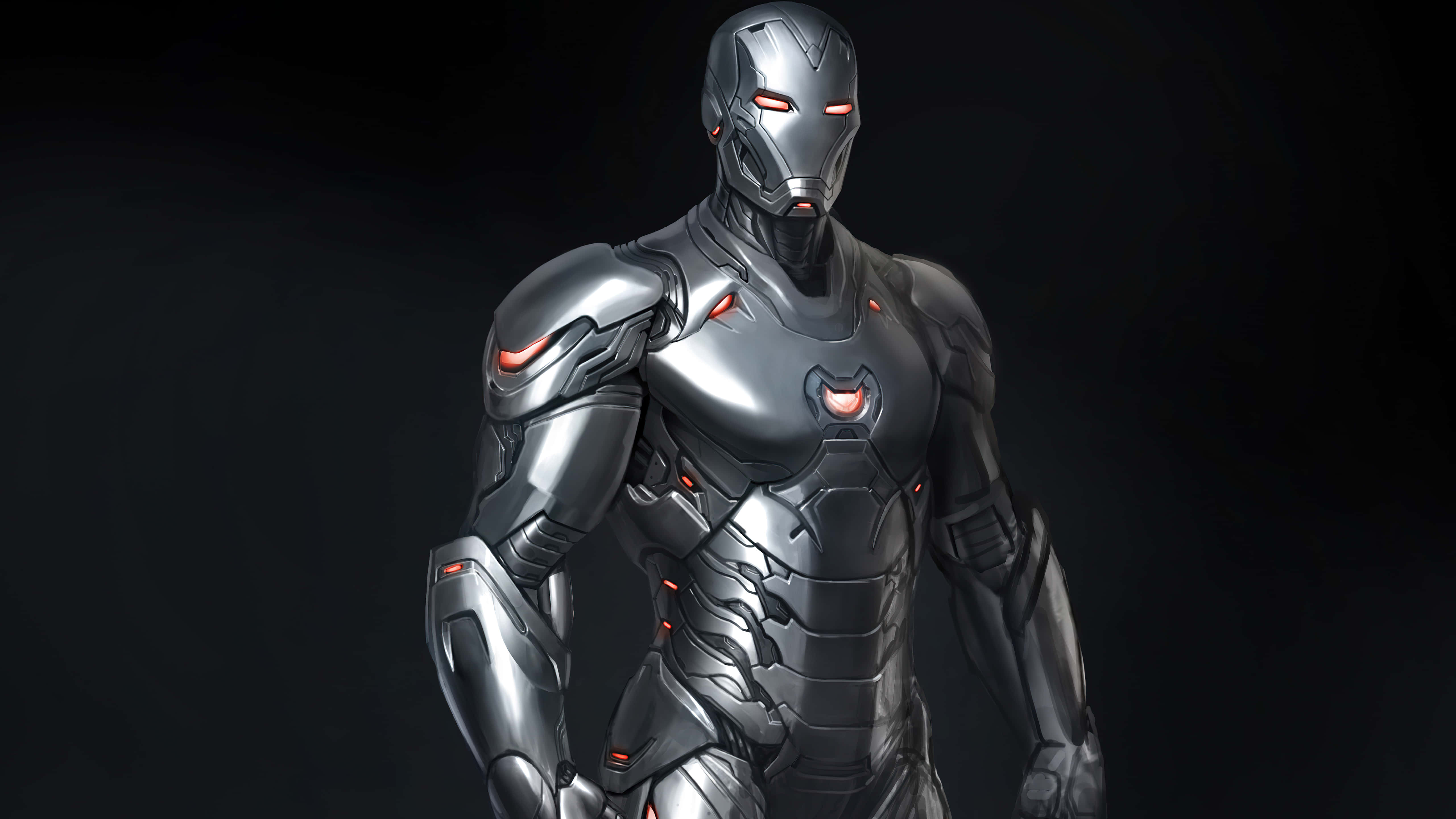 Iron Man Black And White 桌布 壁紙 — 一個時尚的銀色裝甲超級英雄，擁有發光的紅色眼睛和胸部弧形，在黑暗背景前擺好姿勢。