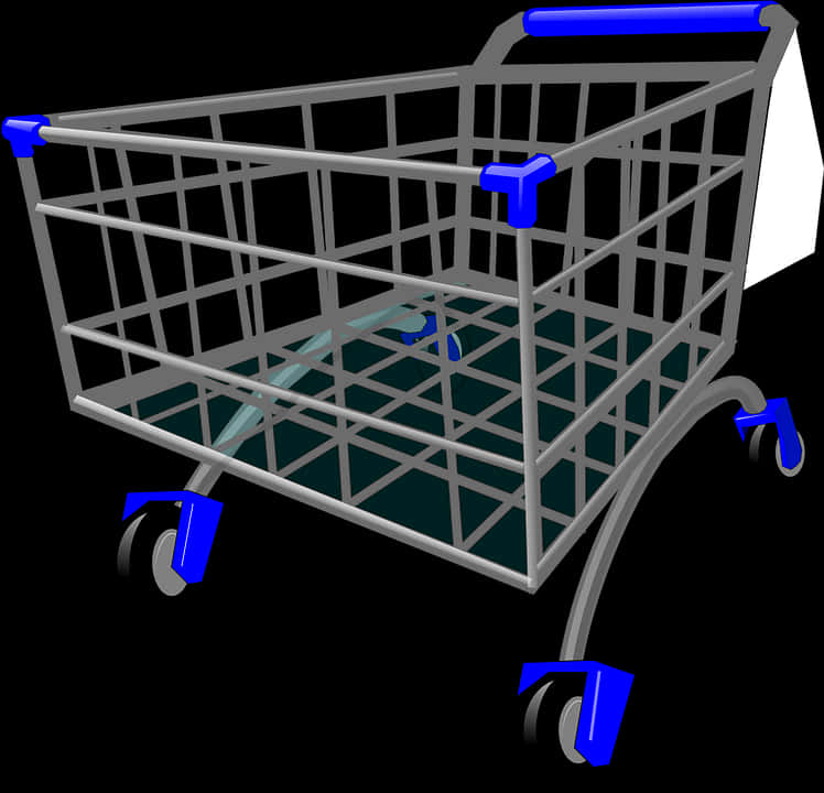Shopping Cart 桌布 壁紙 — 一個時尚的銀色購物車，帶有藍色點綴和輪子，在純黑色背景上空置。