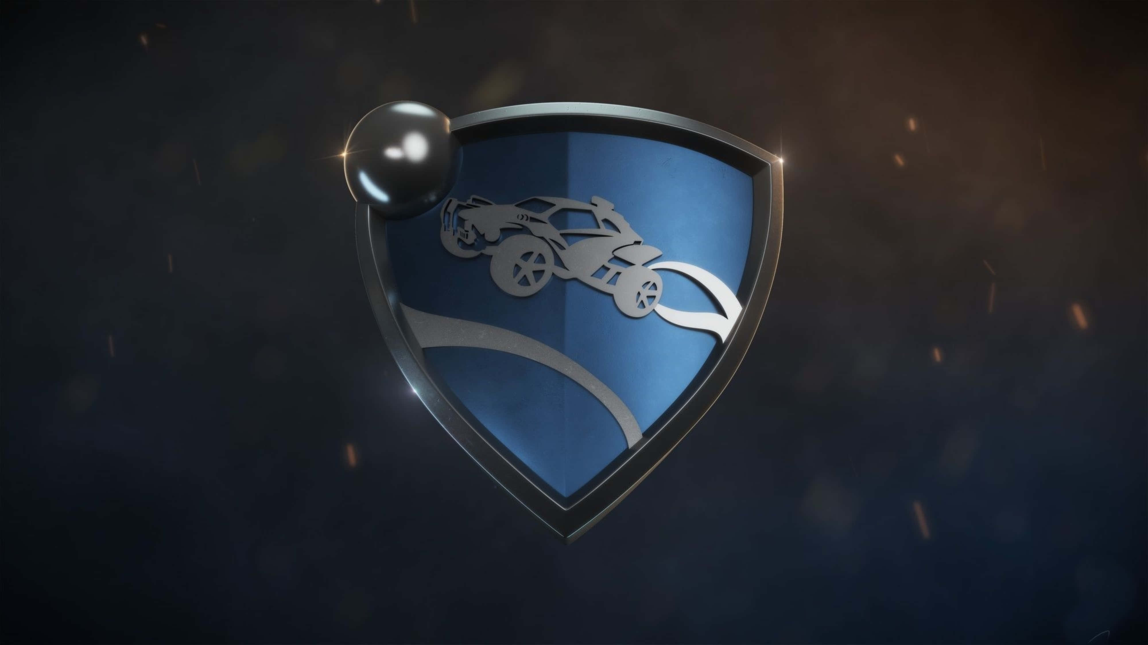 rocket league 1920x1080 桌布 壁紙 — 一個時尚的銀色越野車標誌，位於藍色盾牌上，帶有金屬球體和發光的火花，背景為深色。