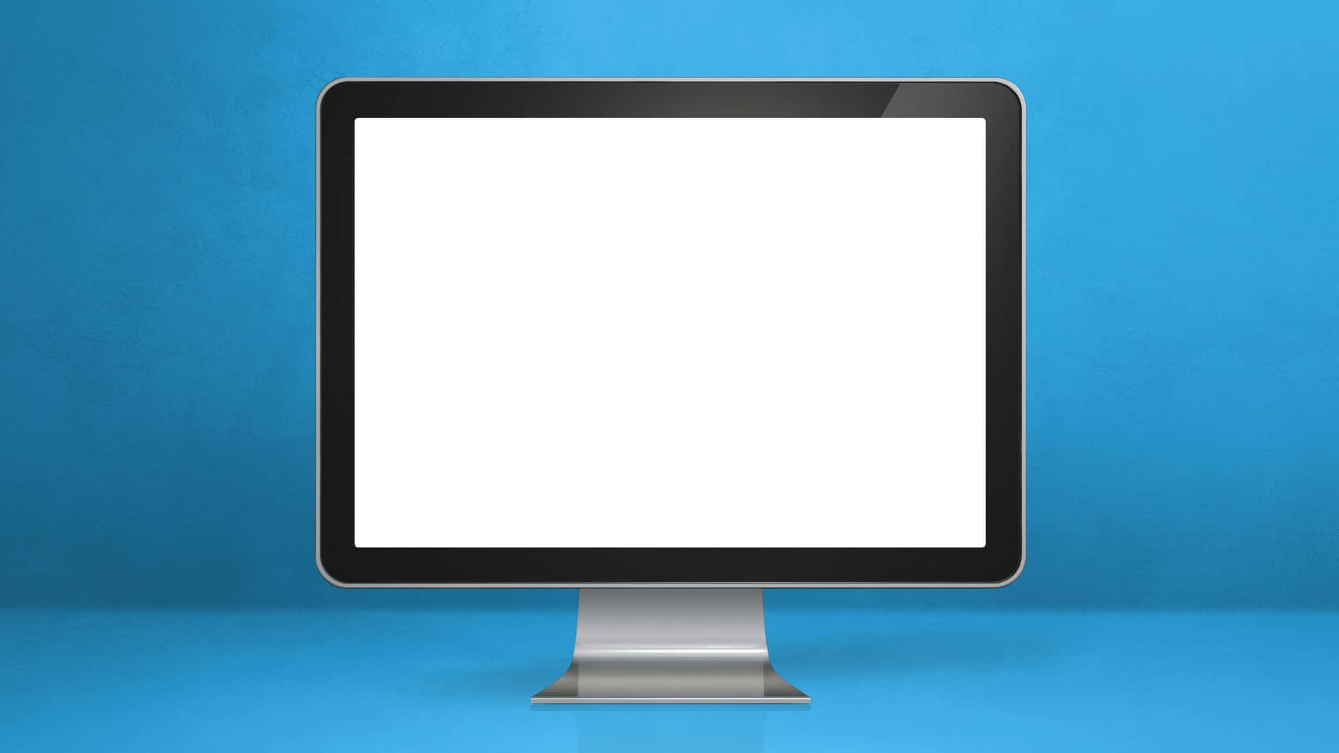 Computer Screen 桌布 壁紙 — 一個時尚的銀色電腦顯示器，帶有空白白色螢幕，居中放置在純藍色背景上。