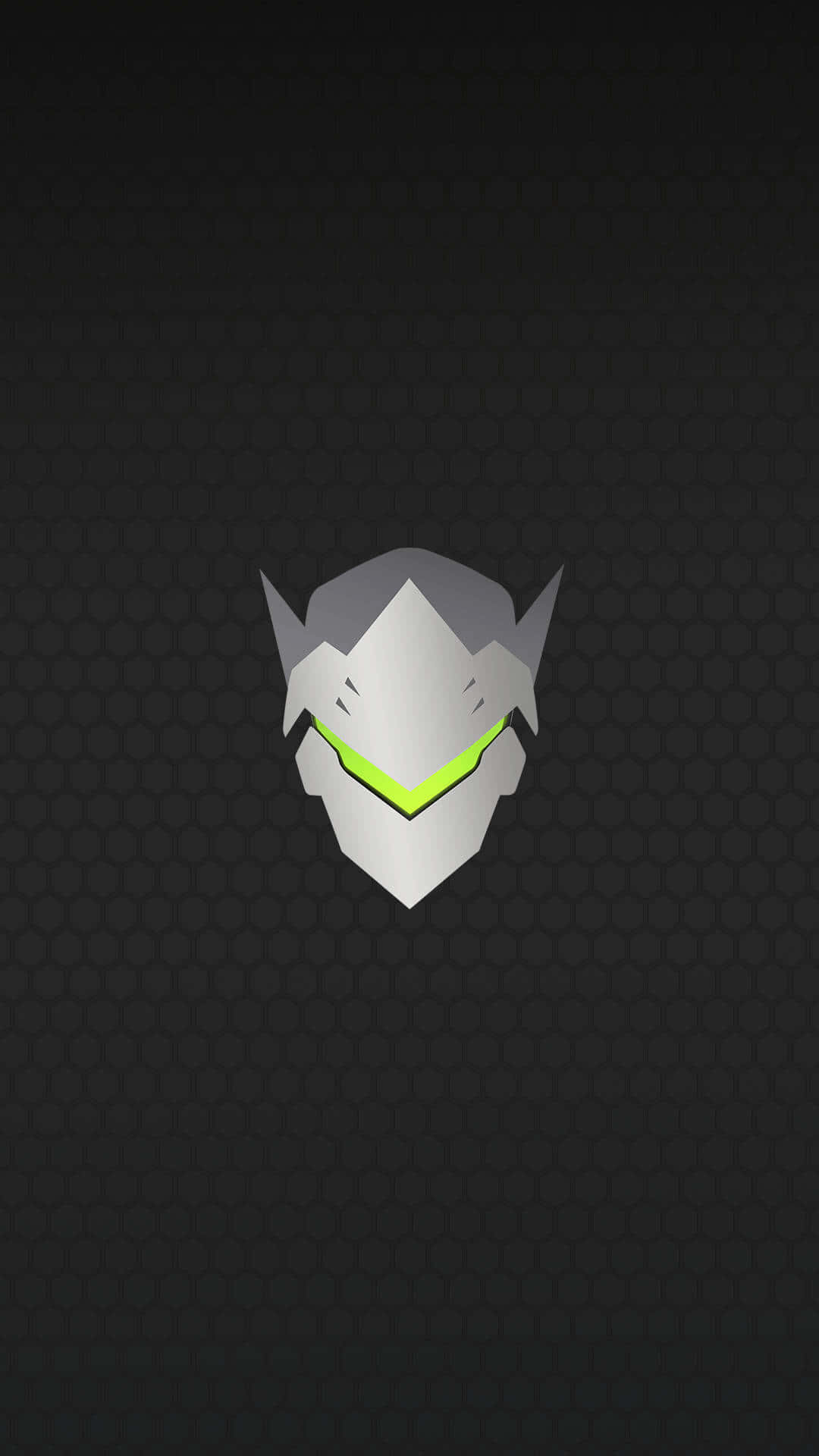 Overwatch Genji 桌布 壁紙 — 一個時尚的銀色頭盔，帶有發光的綠色點綴，居中放置在深色六角形圖案背景上。
