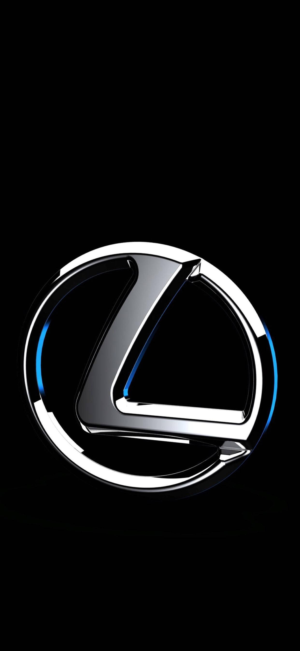 lexus iPhone 桌布 壁紙 — 一個時尚的鍍鉻 Lexus 標誌在純黑色背景上閃耀著藍色亮點。
