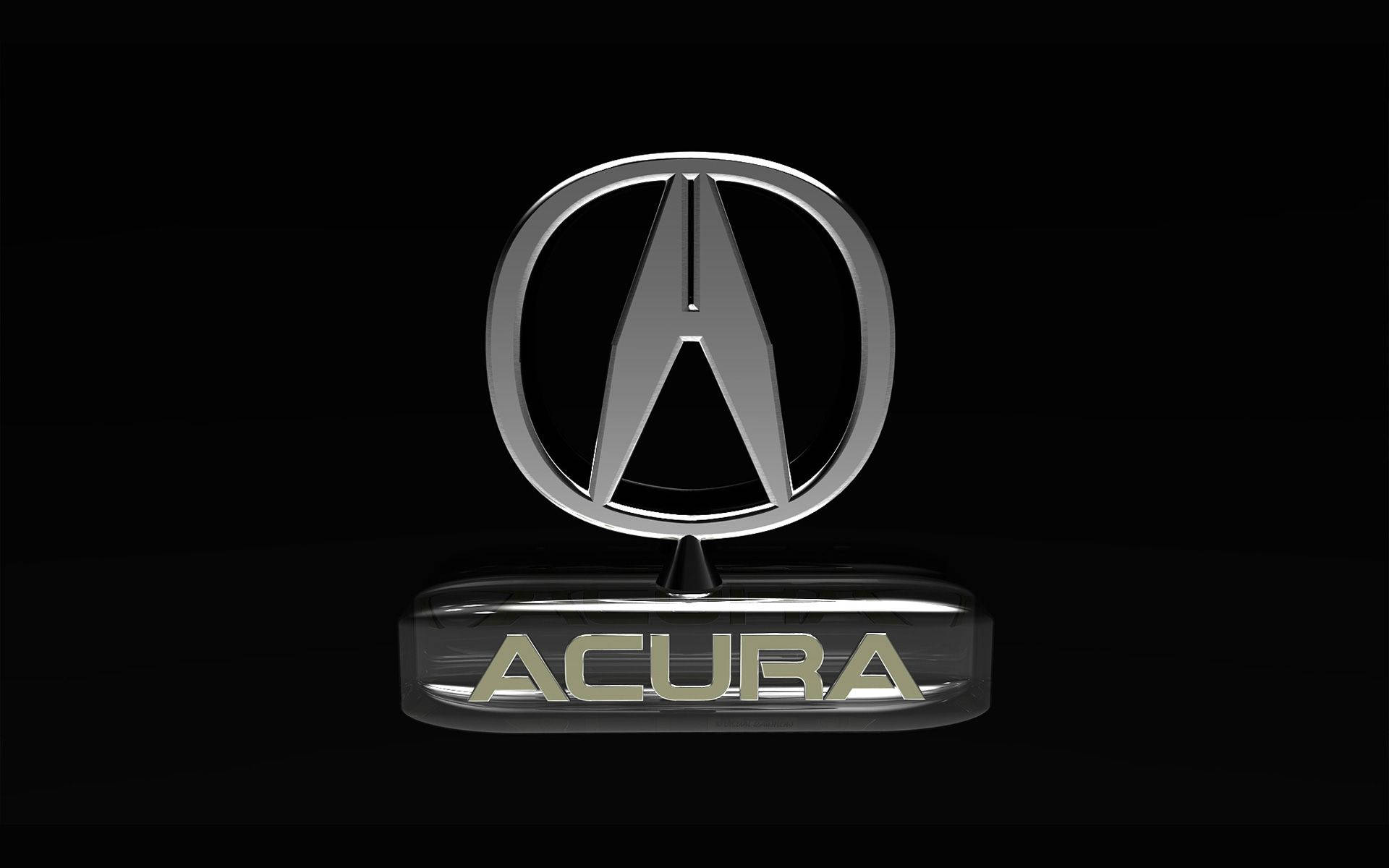 Acura 桌布 壁紙 — 一個時尚的鍍鉻Acura標誌，金色字體，放置在反光底座上，背景為純黑色。