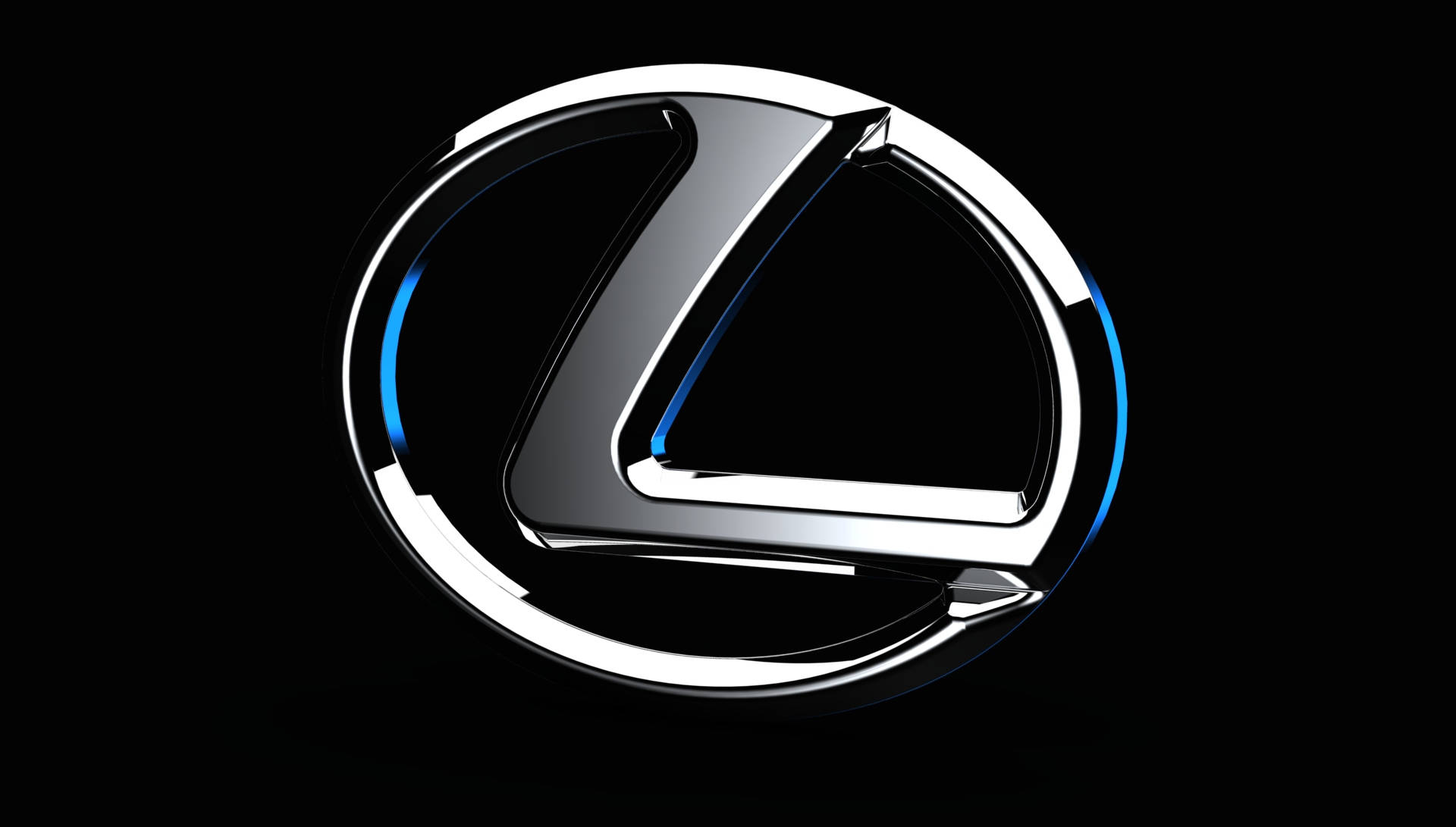 Lexus 標誌 桌布 壁紙 — 一個時尚的鍍鉻凌志標誌，帶有藍色亮點，在純黑色背景上發光。