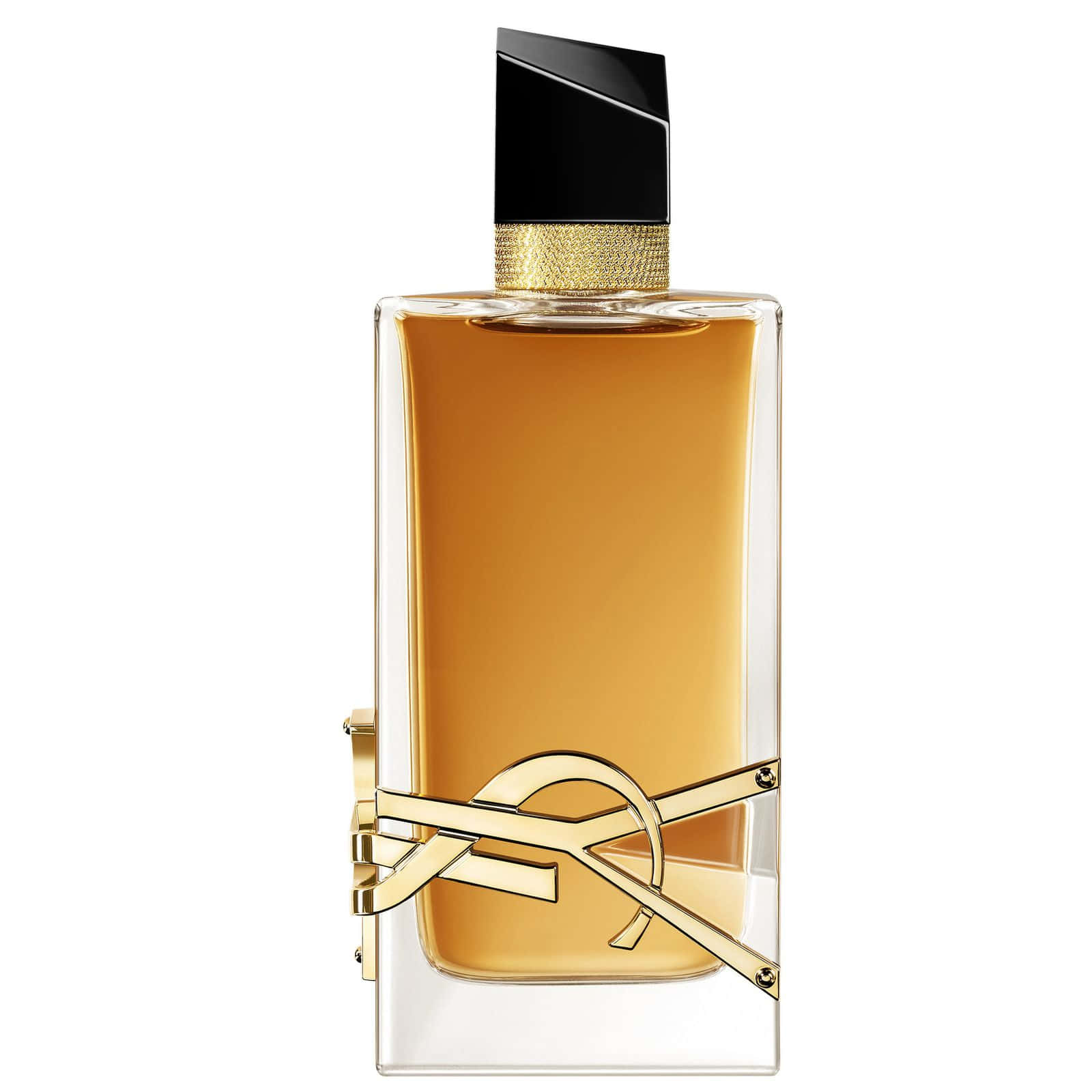 Ysl 桌布 壁紙 — 一個時尚的長方形香水瓶，內有金色液體和黑色瓶蓋，立在白色背景前。