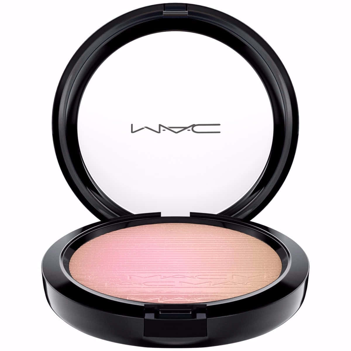 Mac Cosmetics 桌布 壁紙 — 一個時尚的開合MAC腮紅粉盒，露出柔軟的粉紅色粉末，帶有細微閃光和壓印標誌。
