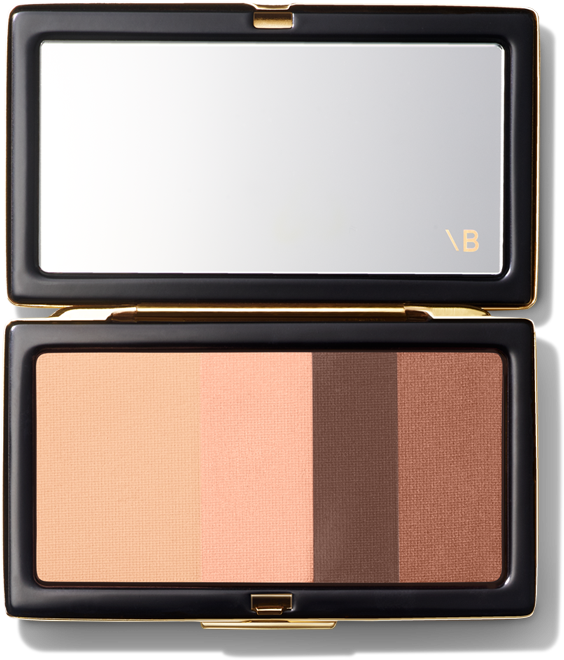 Makeup Kit 桌布 壁紙 — 一個時尚的開放式化妝盤，帶有四種腮紅色調和一個帶有金色標誌的鏡面蓋。