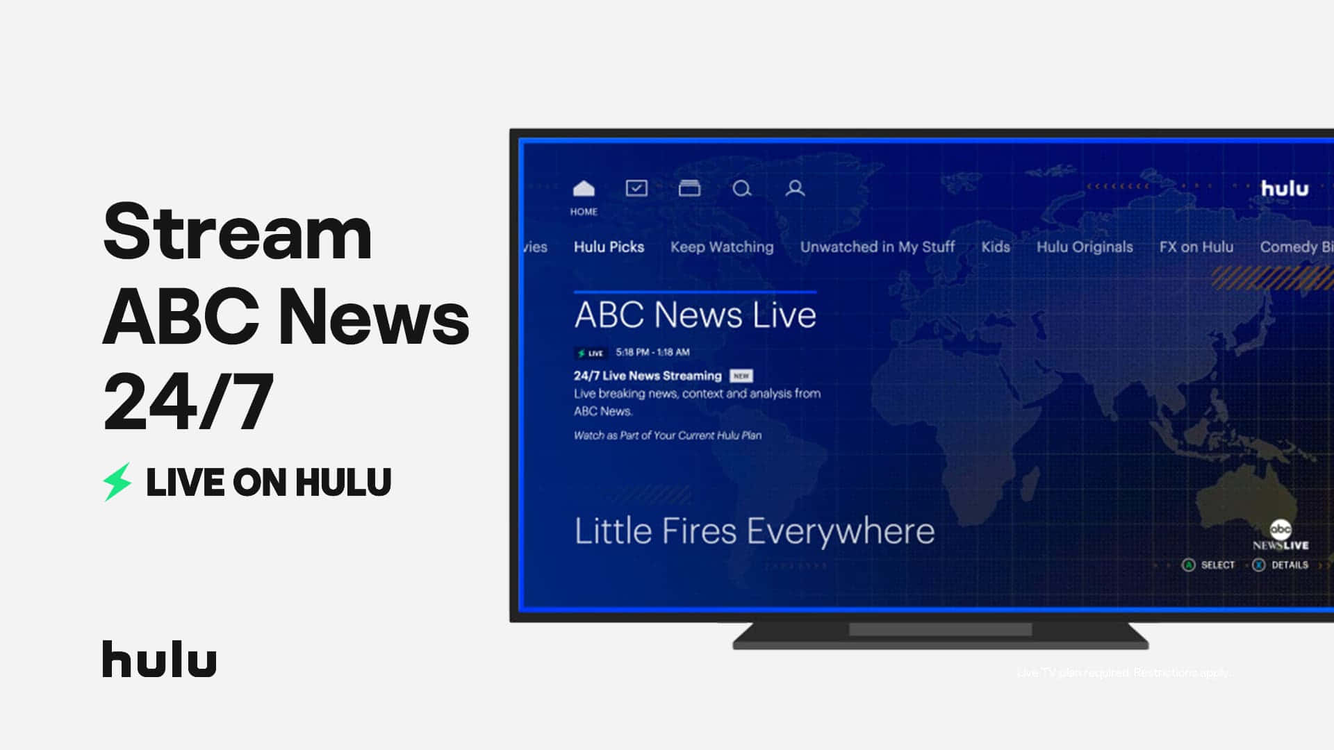 Hulu 桌布 壁紙 — 一個時尚的電視螢幕顯示Hulu的ABC News Live串流，背景為世界地圖，標題為「Little Fires Everywhere」，襯托簡約的白色背景。