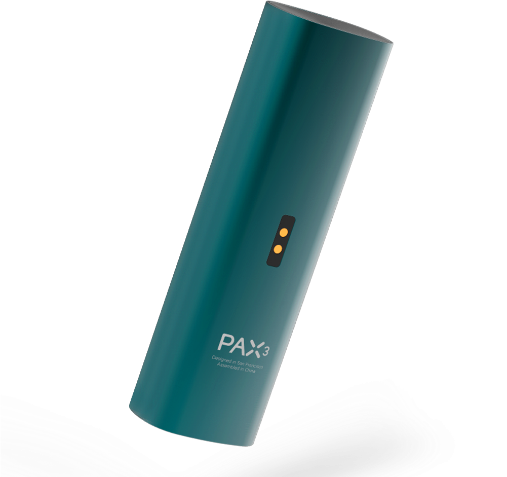 青色GIF 桌布 壁紙 — 一個時尚的青綠色PAX 3霧化器，帶有發光的橙色燈光，放置在黑色背景上的白色抽象波浪上。
