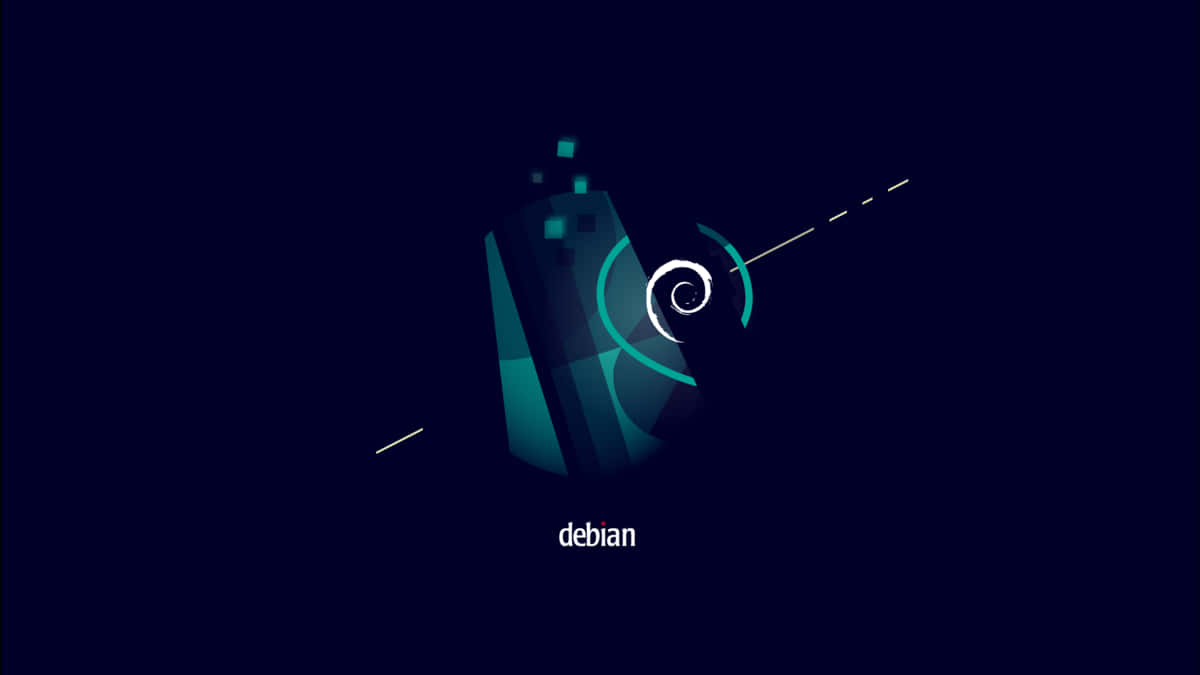 桌布 壁紙 — 一個時尚的青色 Debian 標誌在深藍色背景上發光，背景帶有抽象數位線條和粒子。